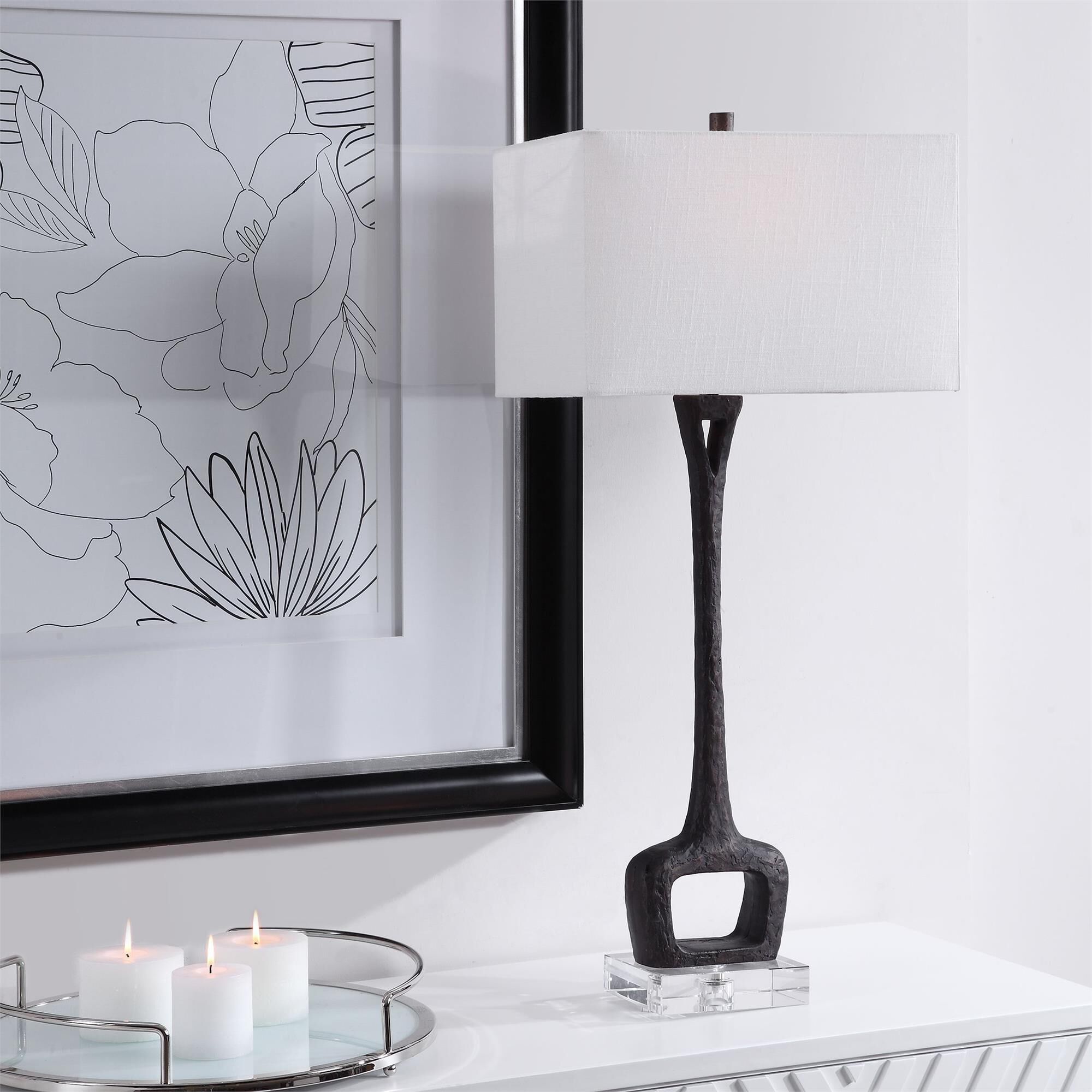 Shown in This Cast Iron Table Lamp Is Finished In A Masculine Aged Black With A Heavy Organic Texture Display finish and Rectangle Hardback shade