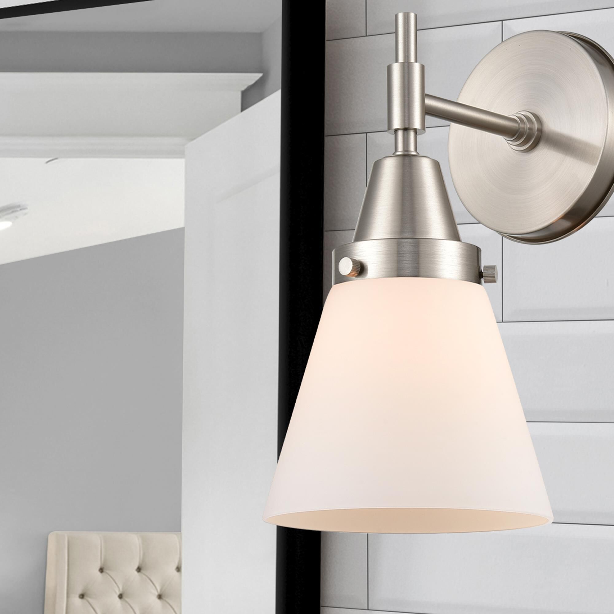 Shown in Satin Nickel finish and Matte White Cased Large Cone glass