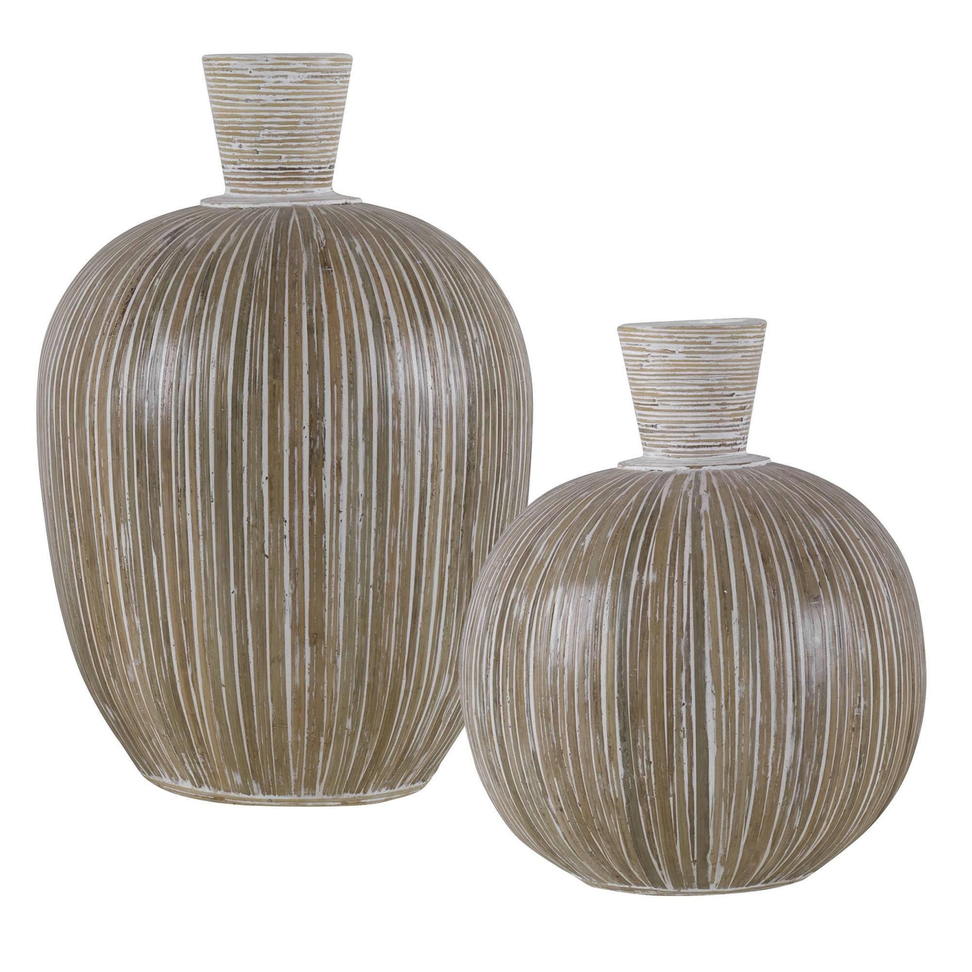 Shown in This Set Of Two Terra Cotta Vases Feature Natural Bamboo Pieces Hand-Applied In A Stripe Motif Accen finish