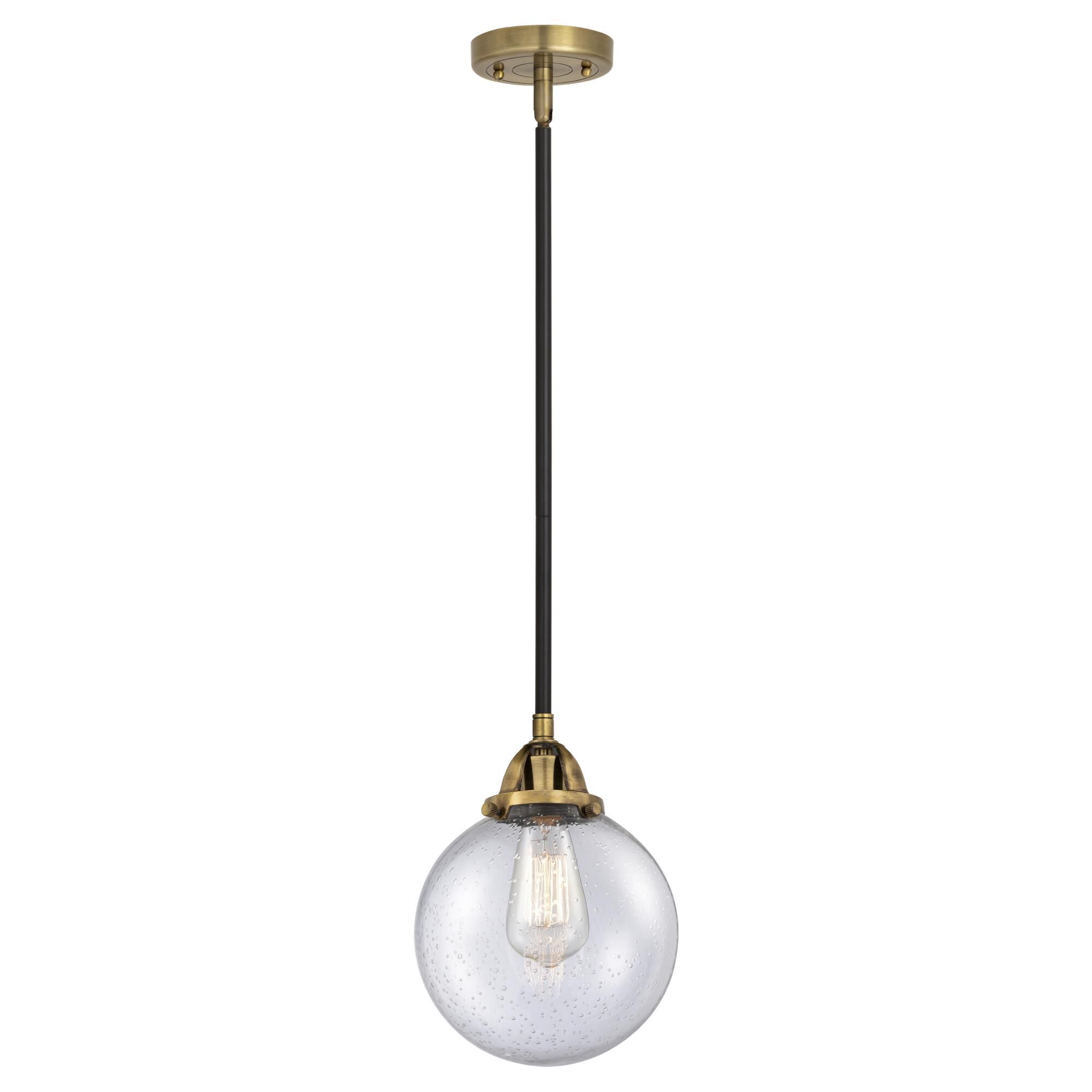 Shown in Black Antique Brass finish and Seedy Globe glass and No Shade shade