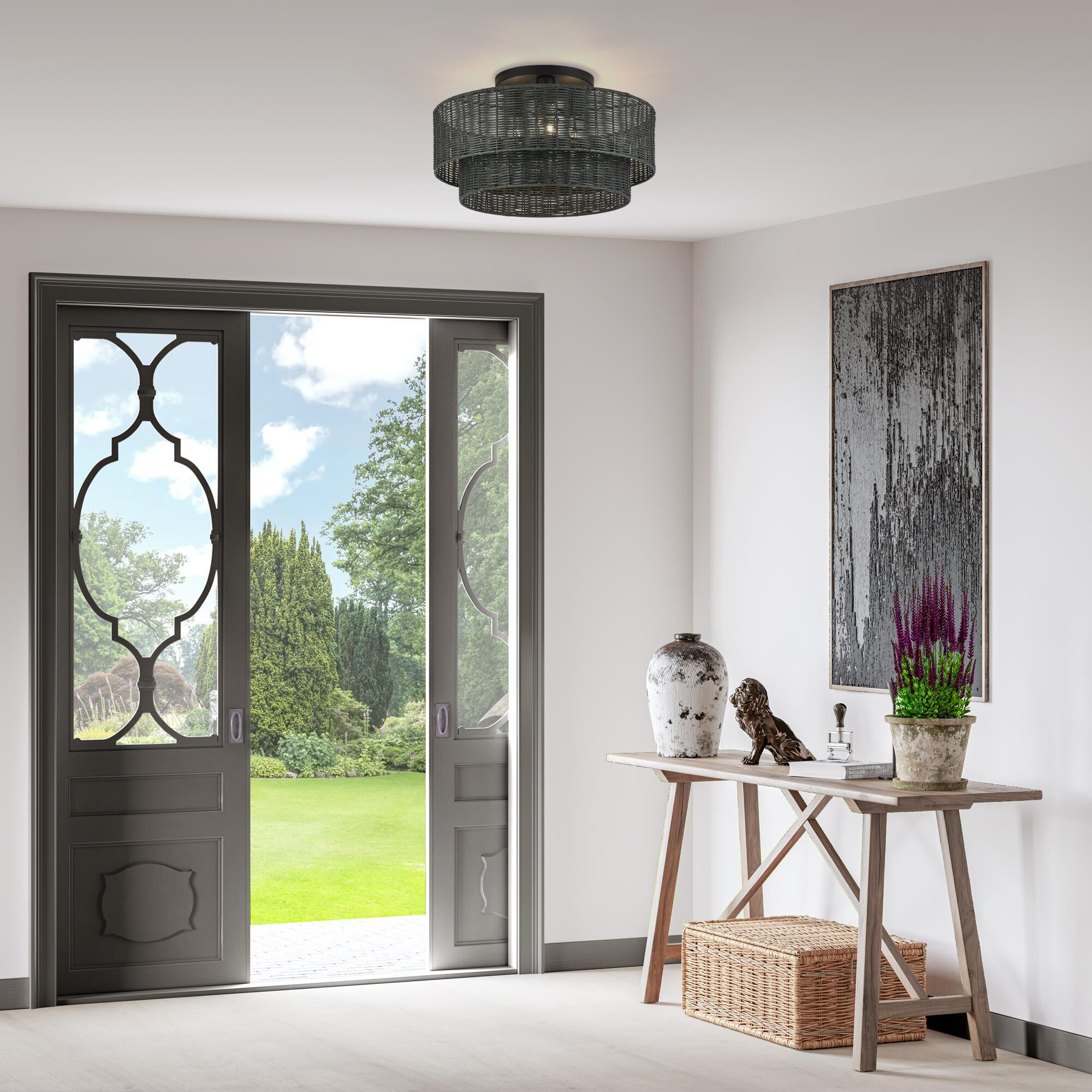 Shown in Black finish and Hand-Woven Charred Gray Color Rattan shade