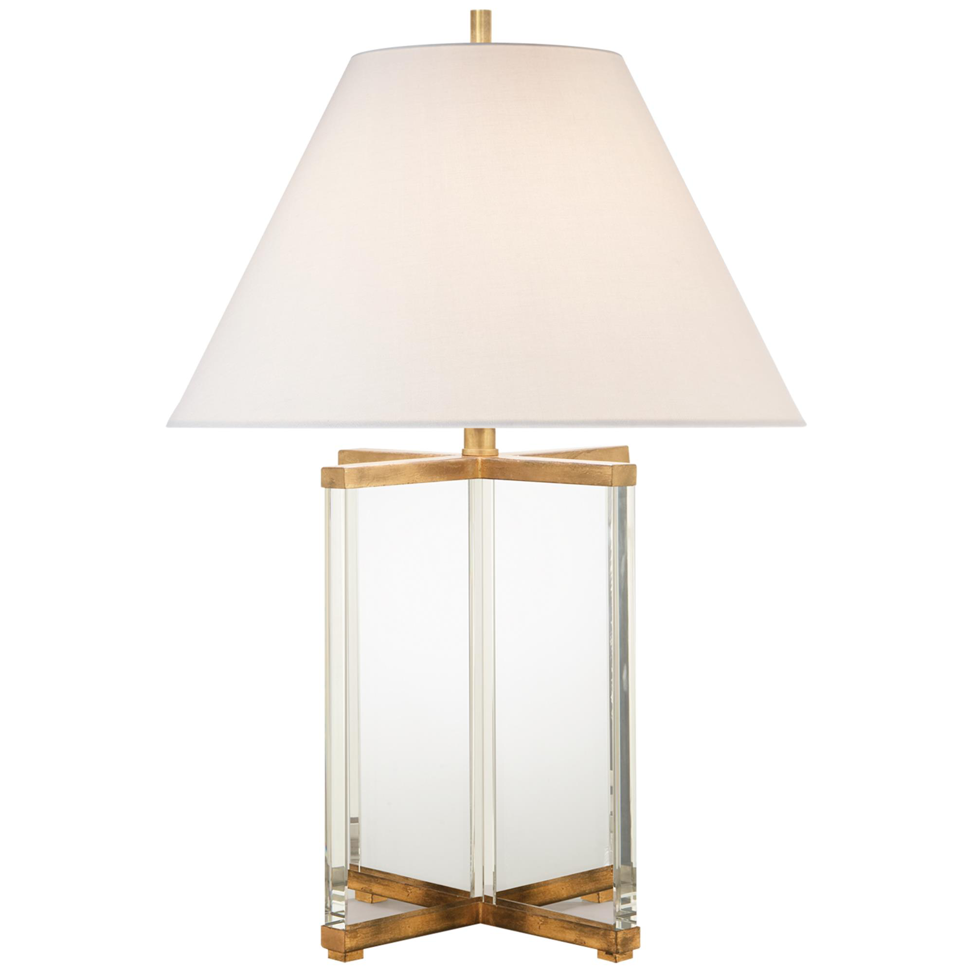 Shown in Crystal with Gild finish and Linen shade