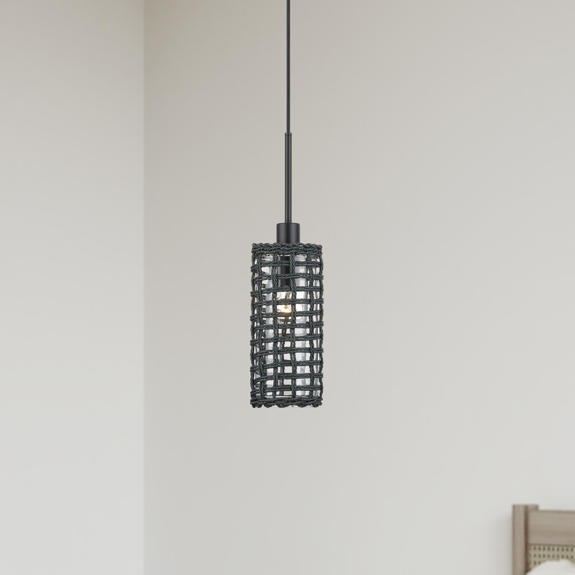 Shown in Black finish and Hand-Woven Midnight Black Color Paper Rope On Top Of Clear shade