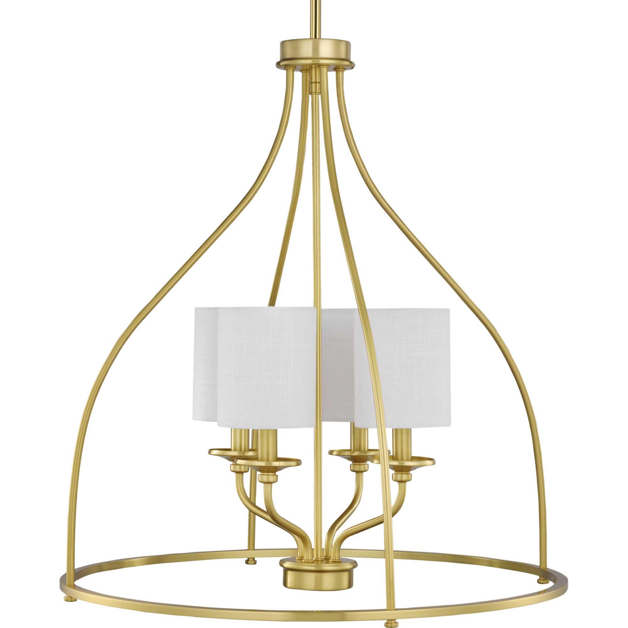 Shown in Satin Brass finish and White Linen glass