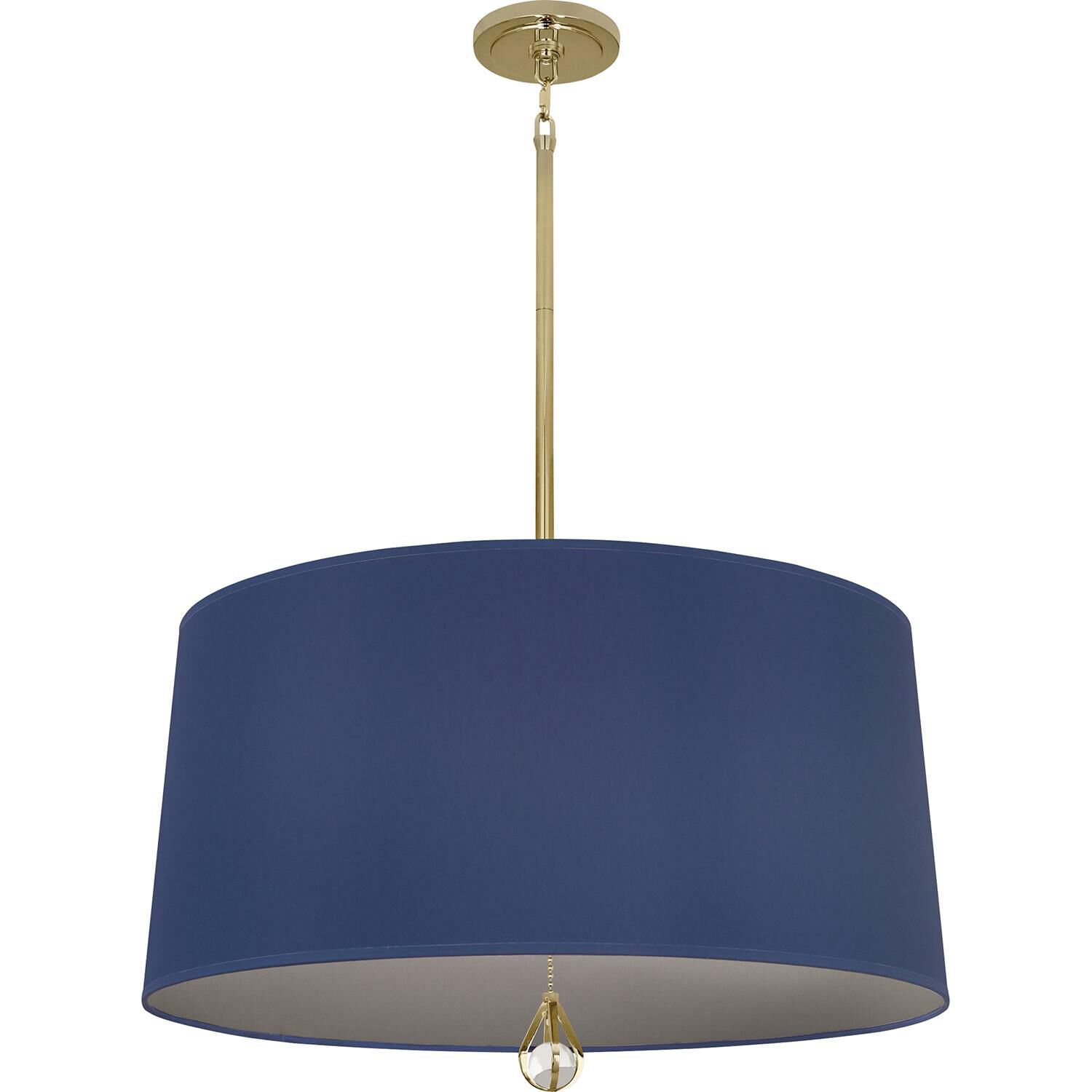 Shown in Modern Brass finish and Ink Blue Fabric With Carter Gray Lining shade
