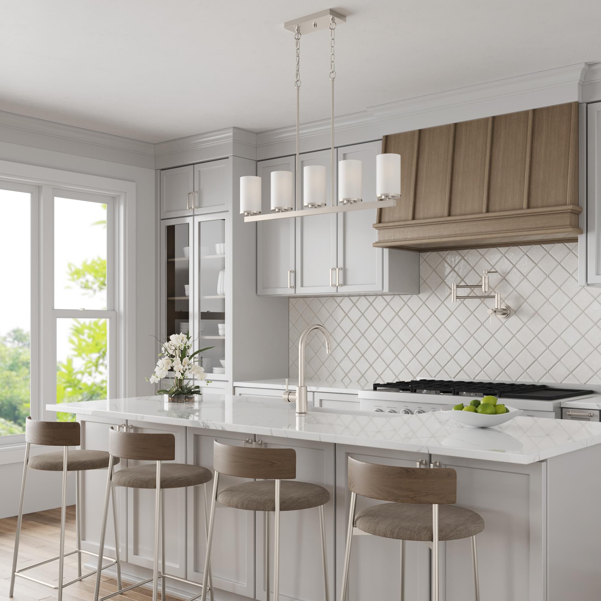 Shown in Brushed Nickel finish and Etched White glass