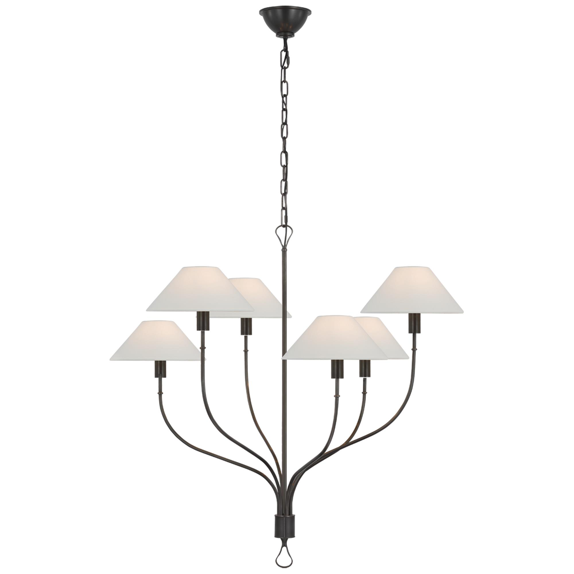 Shown in Bronze and Chocolate Leather finish and Linen shade