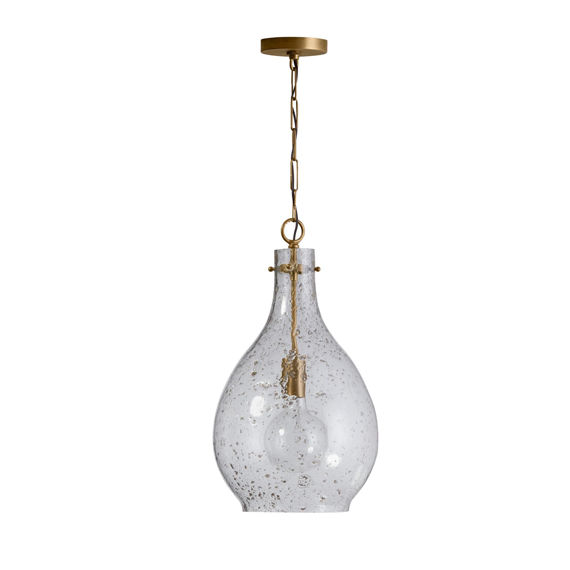 Shown in Patinaed Brass finish and Stone Seeded glass