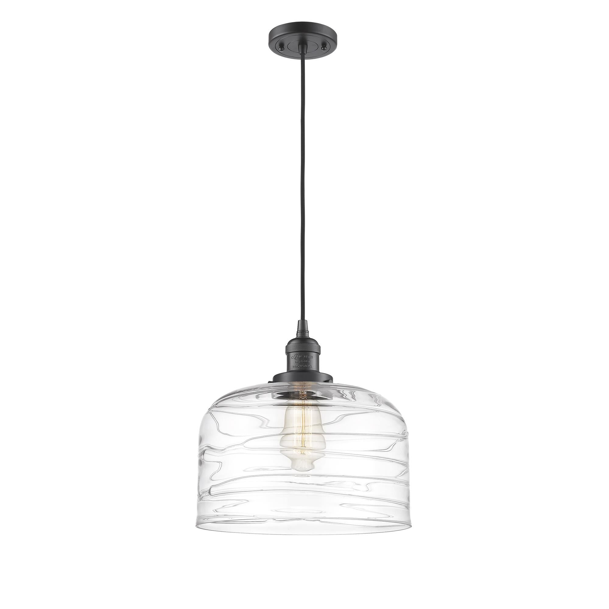 Shown in Oil Rubbed Bronze finish and Clear Deco Swirl X-Large Bell glass