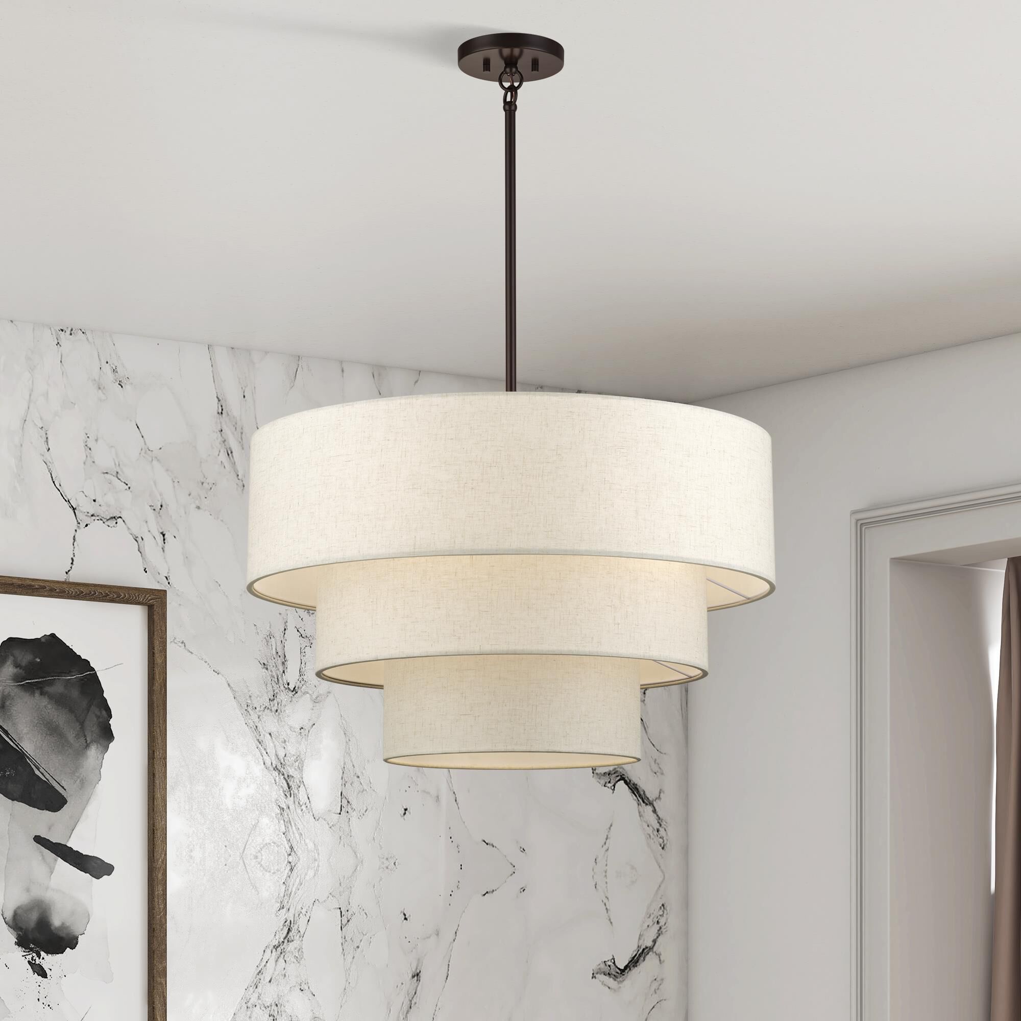 Shown in English Bronze finish and Hand Crafted Oatmeal Color Fabric with White Color Inside shade