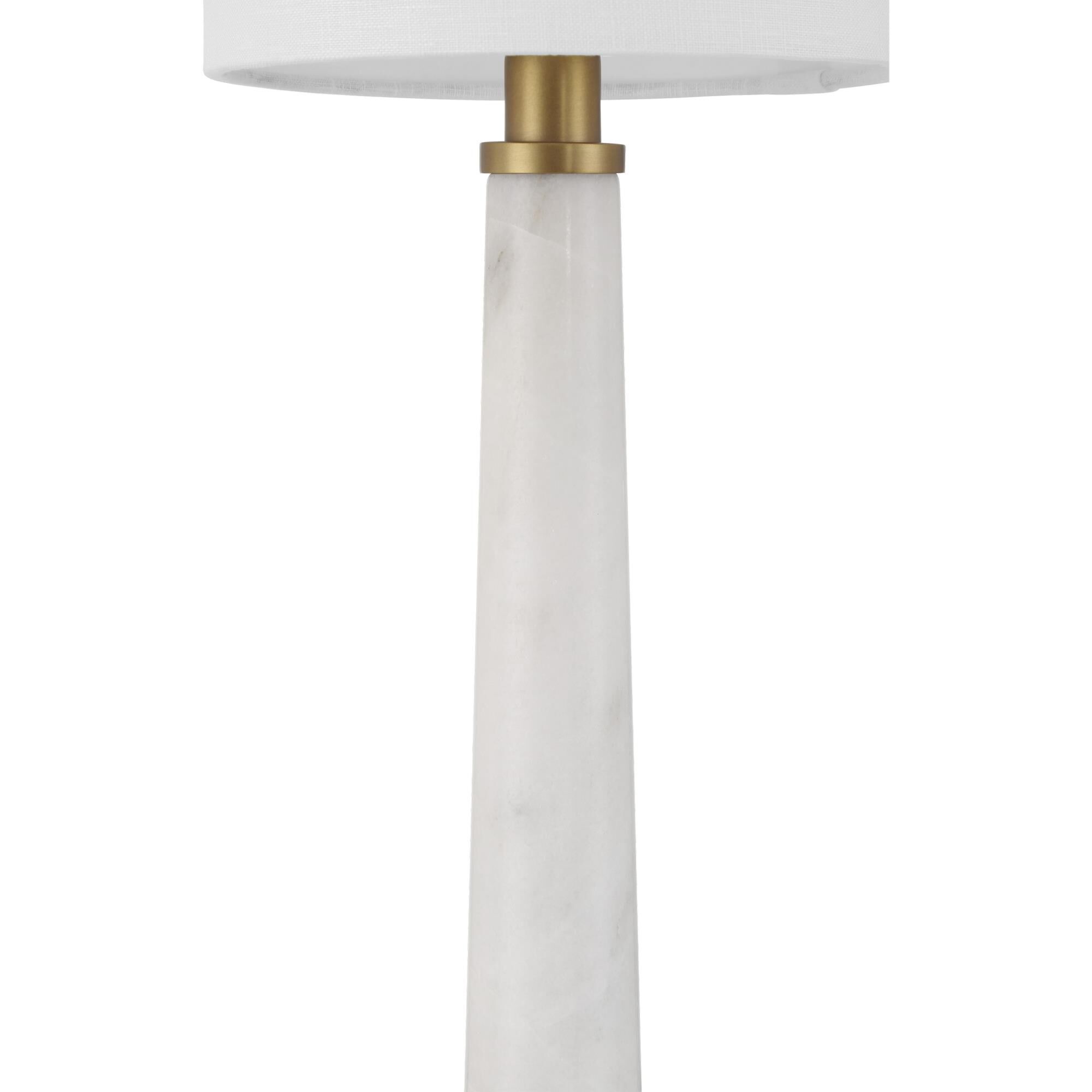 Shown in White and Antique Brass finish and Off-White Linen/Hardback/Rolled Edge shade