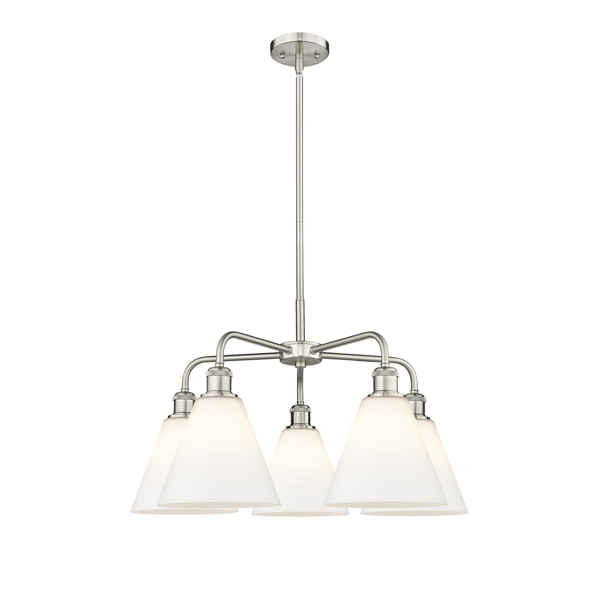 Shown in Satin Nickel finish and Matte White glass