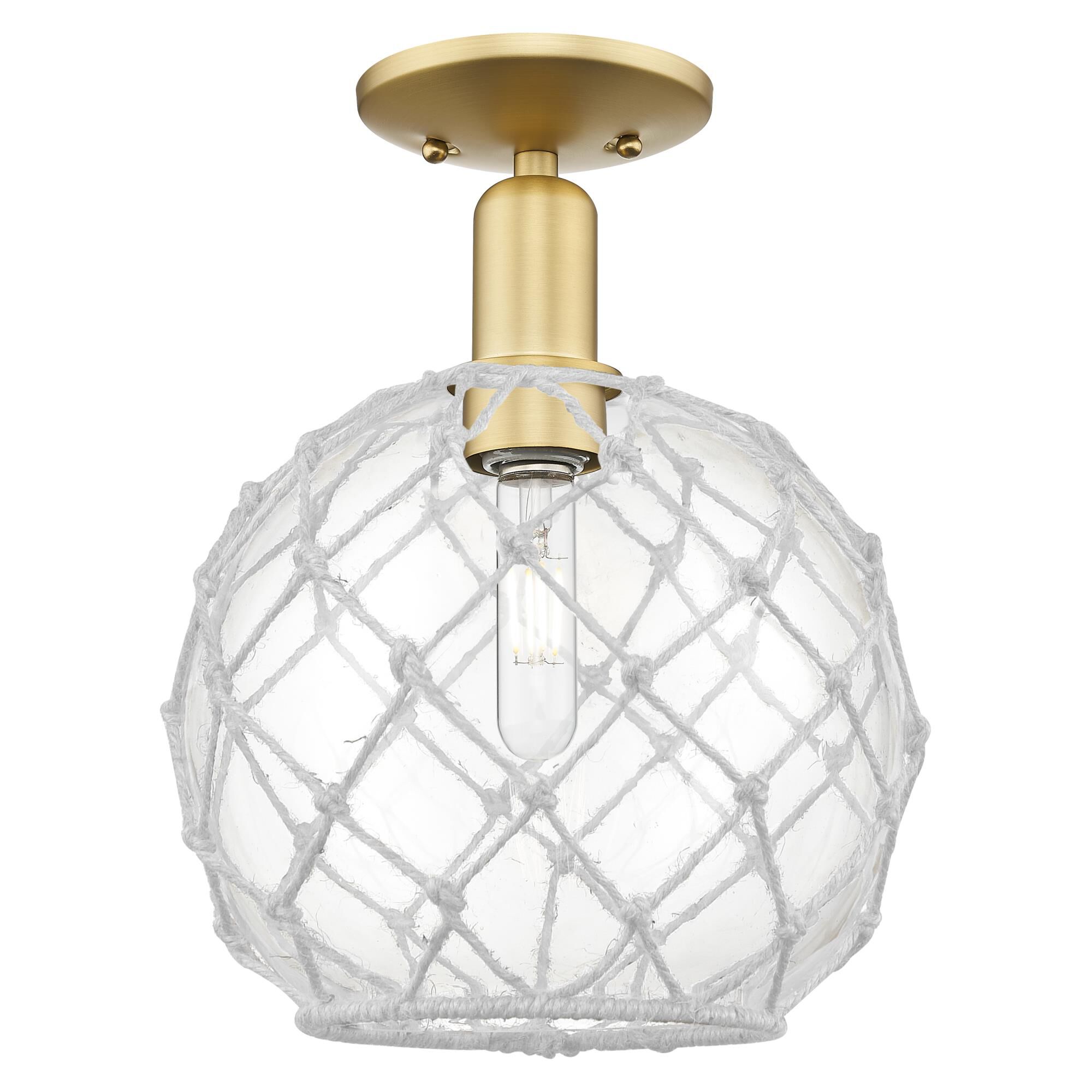 Shown in Satin Gold finish and Clear with White Rope glass