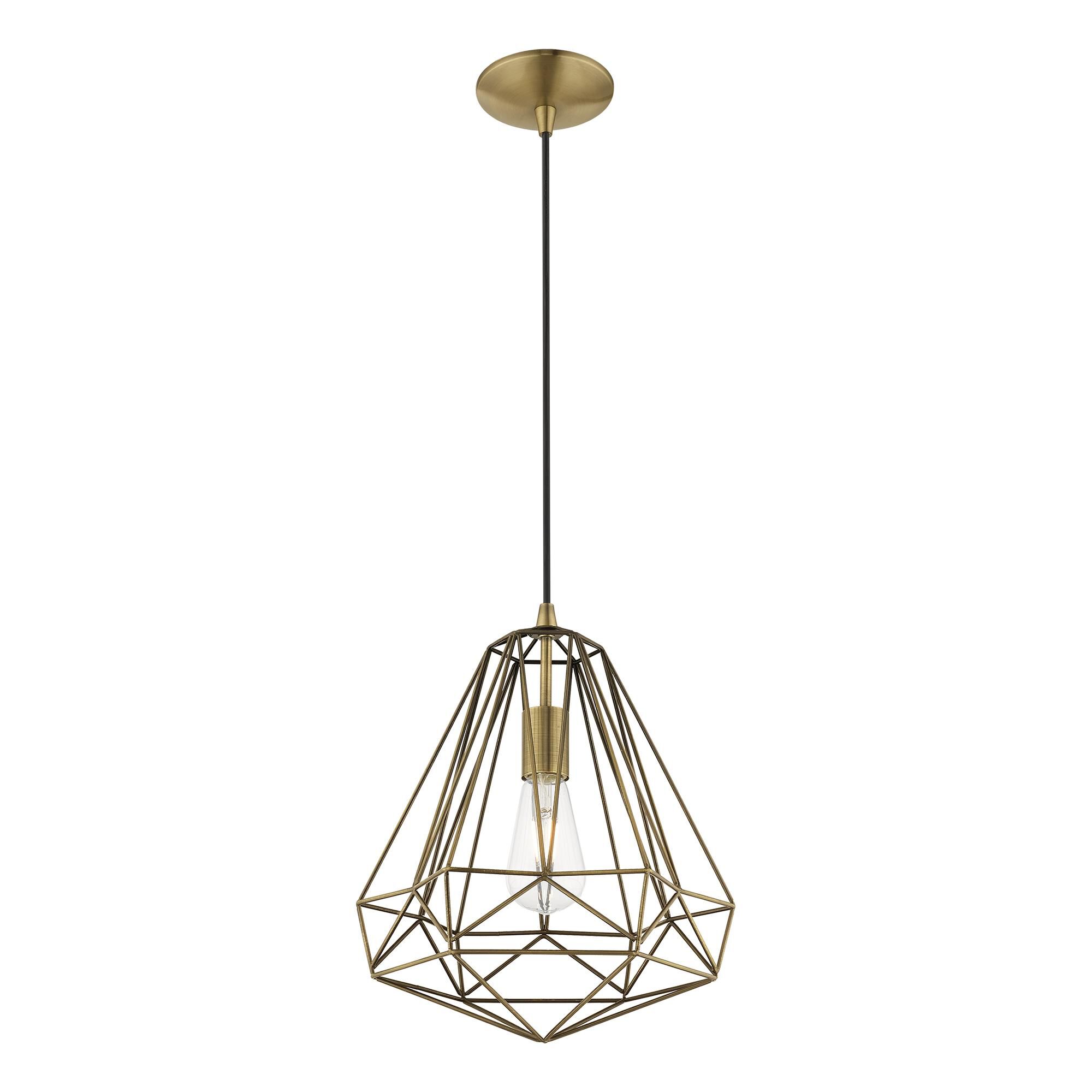 Shown in Antique Brass finish and Antique Brass Geometric Metal shade