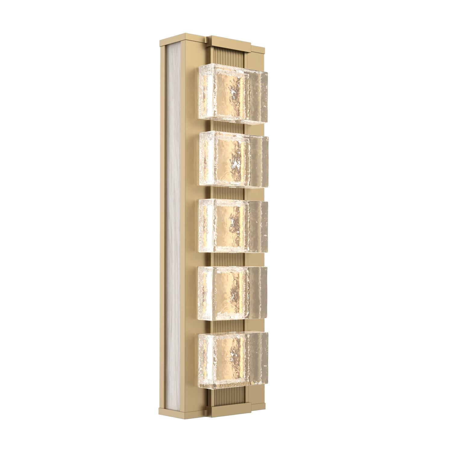 Shown in Gilded Brass finish and Smooth Seeded glass and Light Oak accent