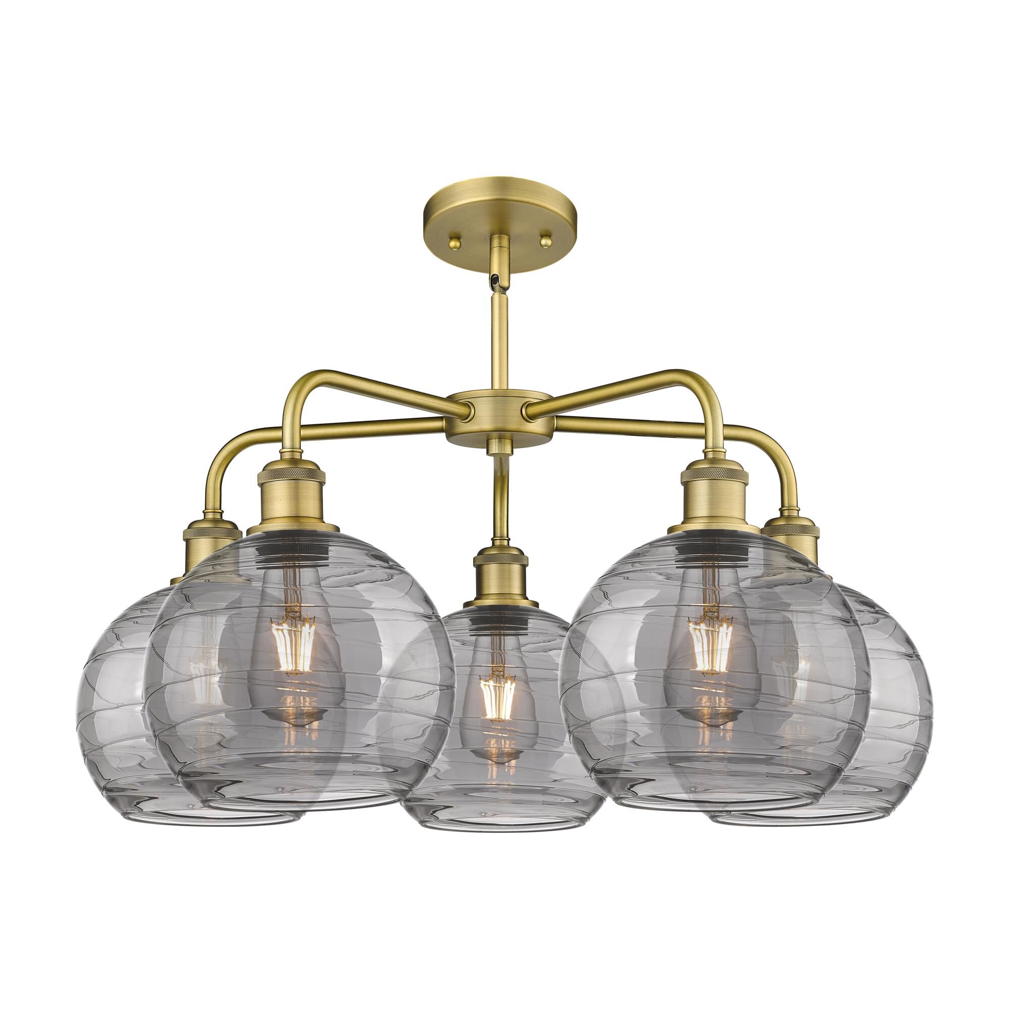 Shown in Brushed Brass finish and Light Smoke Deco Swirl glass