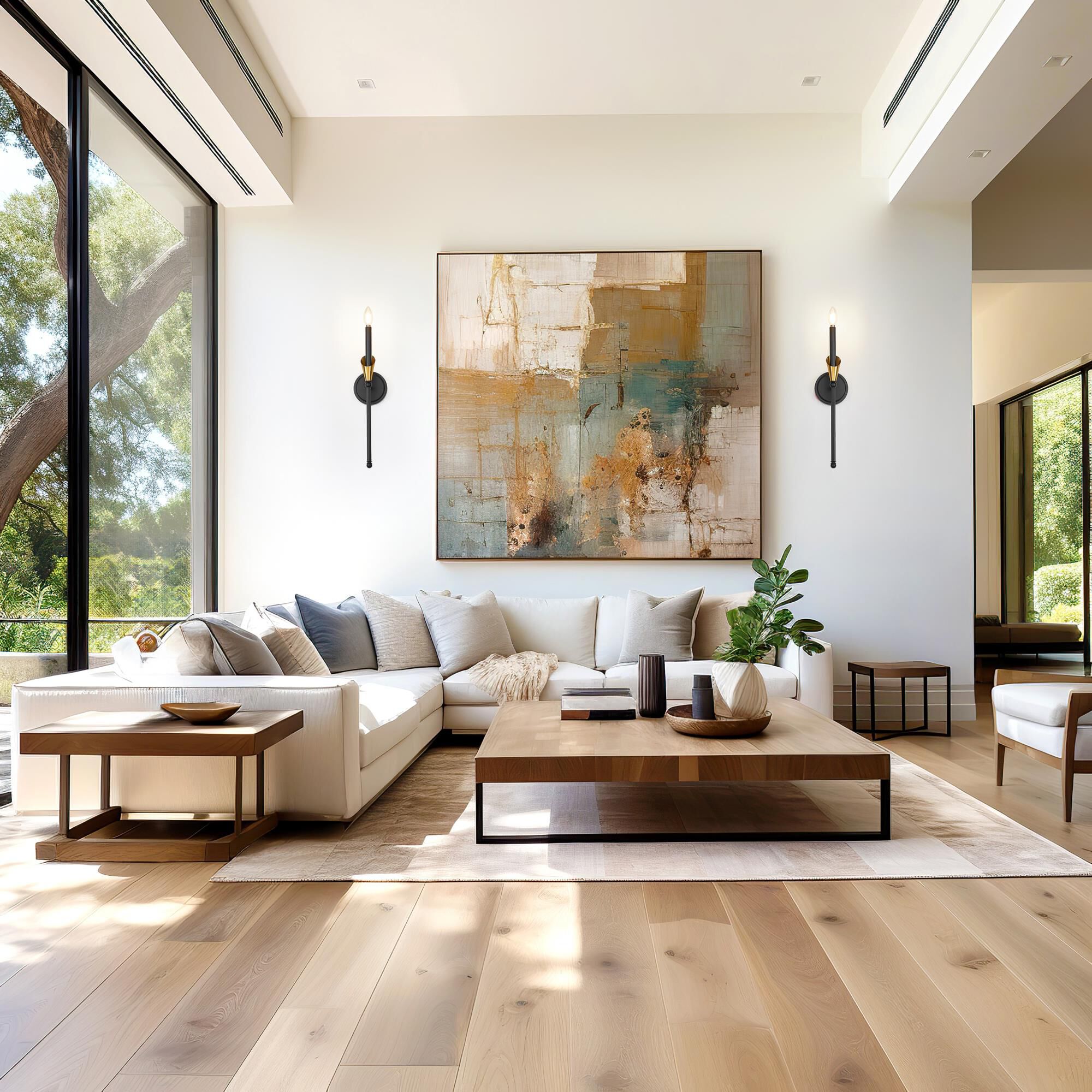 Shown in Matte Black And Modern Gold finish and White glass and White shade