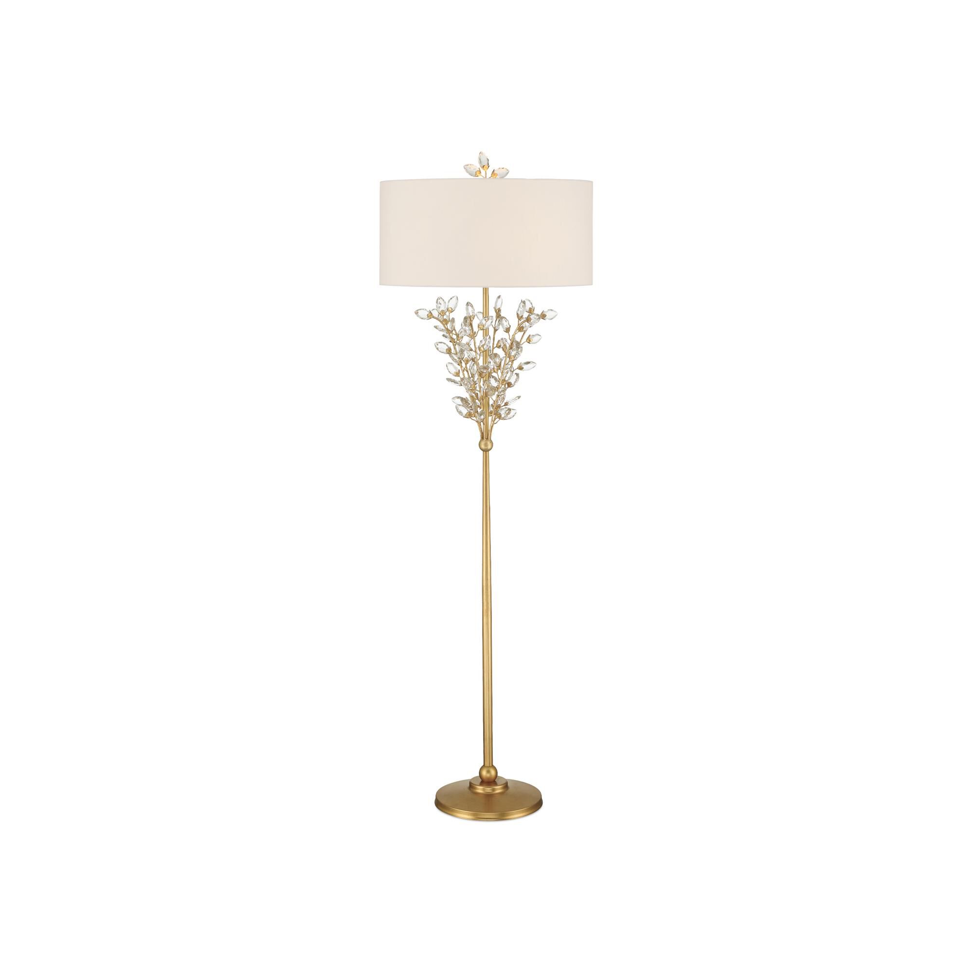 Shown in Clear and Chinois Gold Leaf finish and Off-White Shantung shade