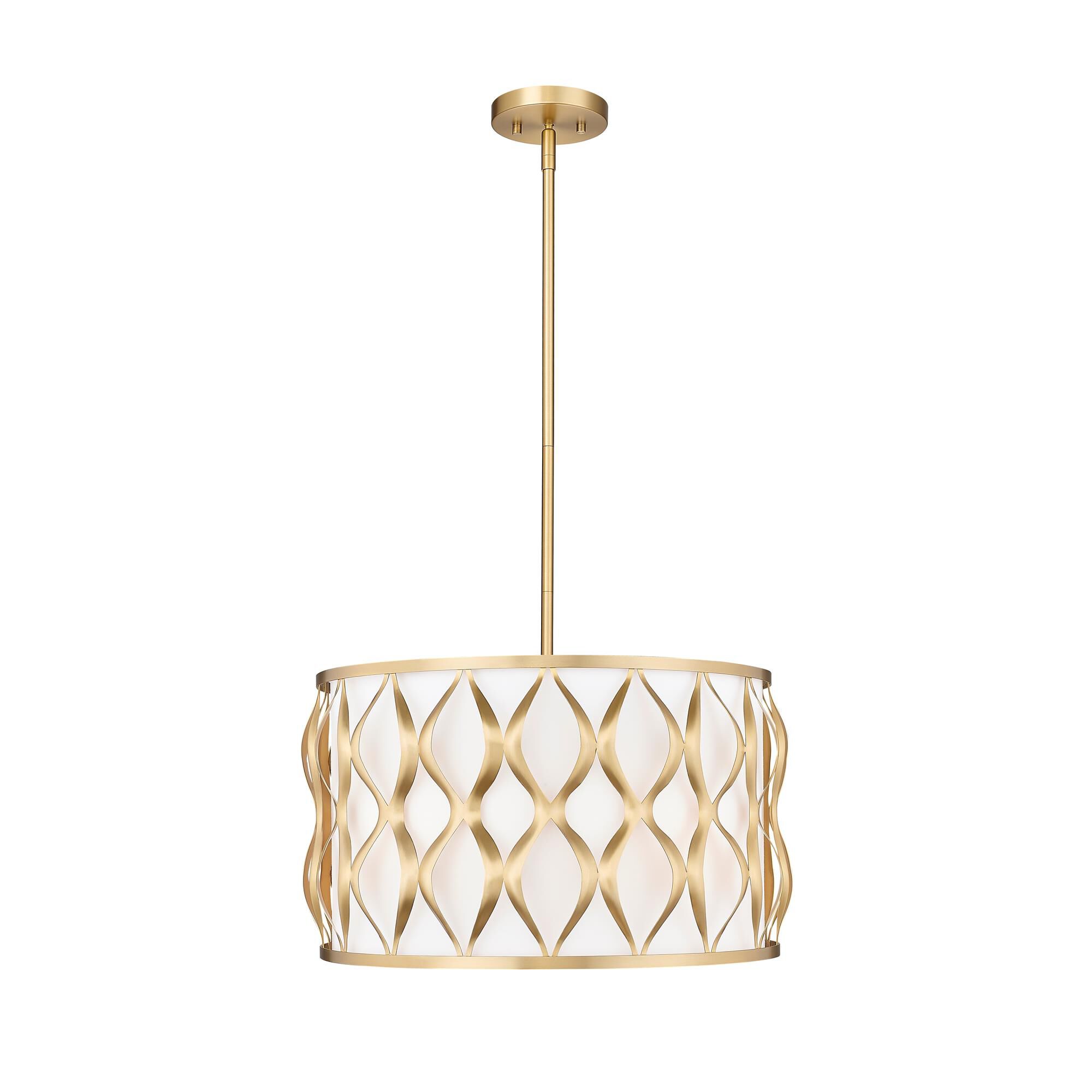 Shown in Modern Gold finish and White glass and White shade