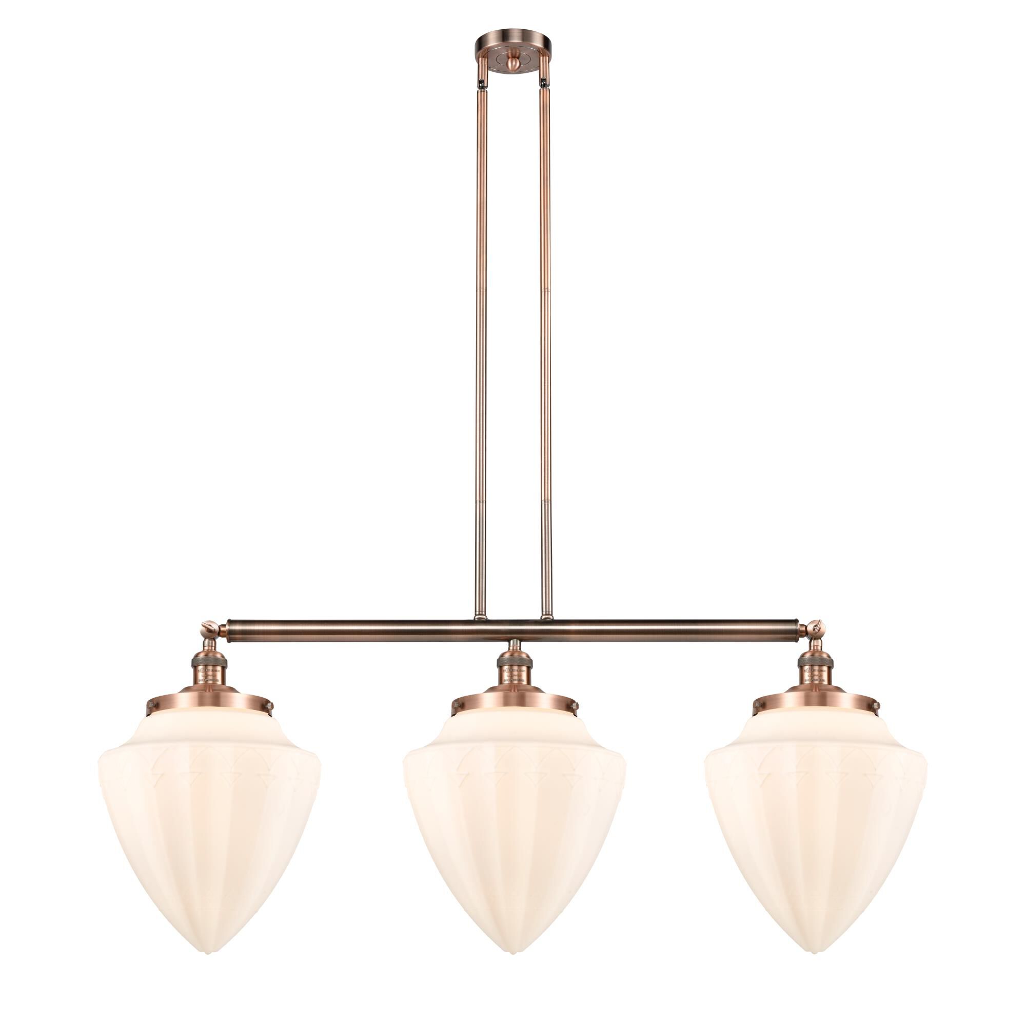 Shown in Antique Copper finish and Matte White glass