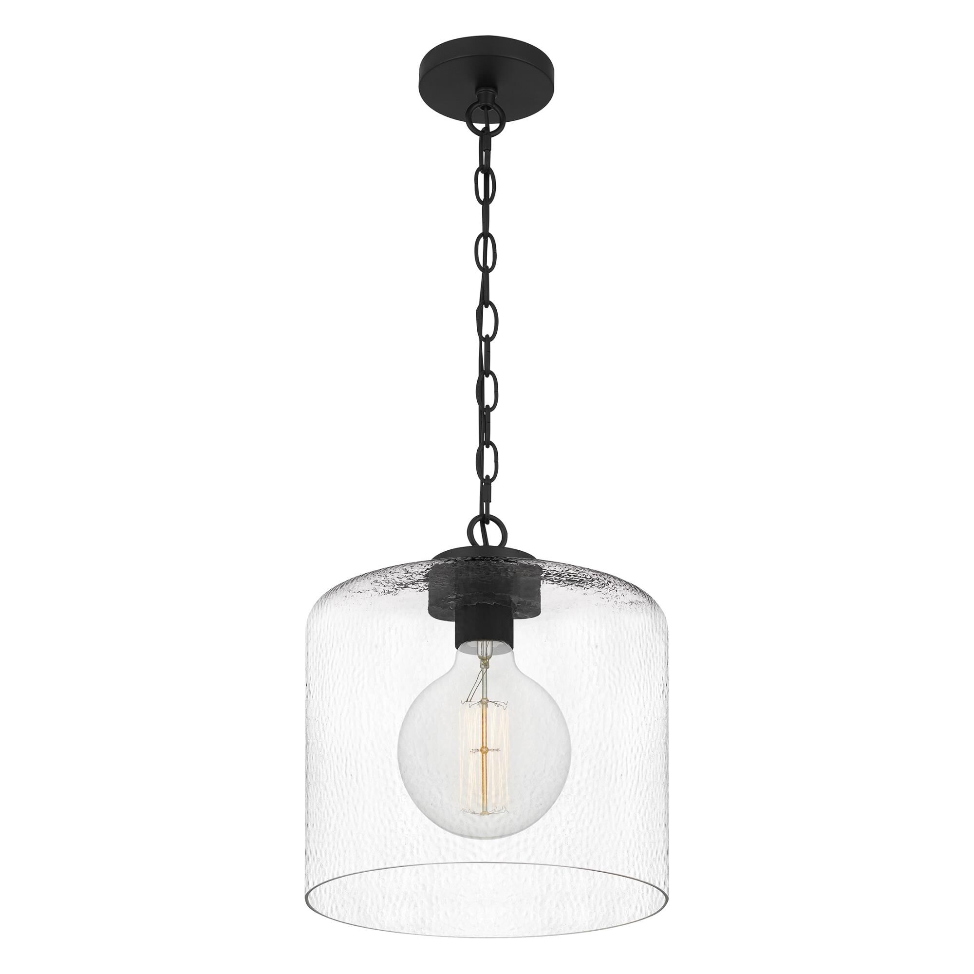 Shown in Matte Black finish and Clear Hammered Glass shade