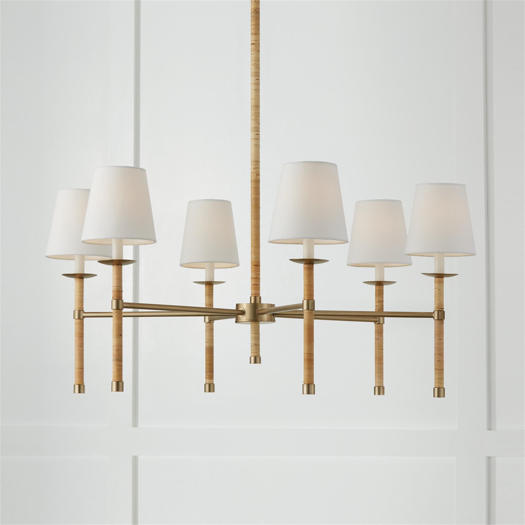Shown in Matte Brass finish and White Fabric Stay-Straight shade