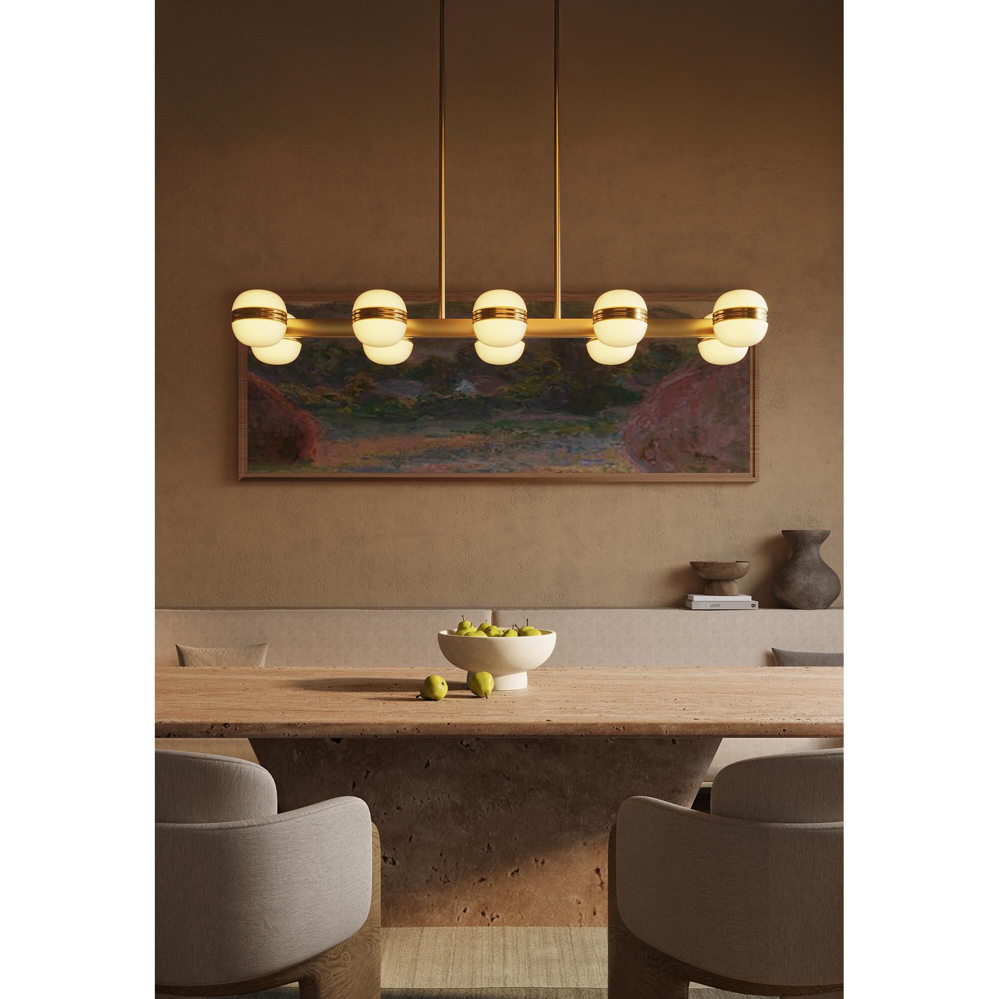Shown in Brushed Gold finish and Matte Opal glass