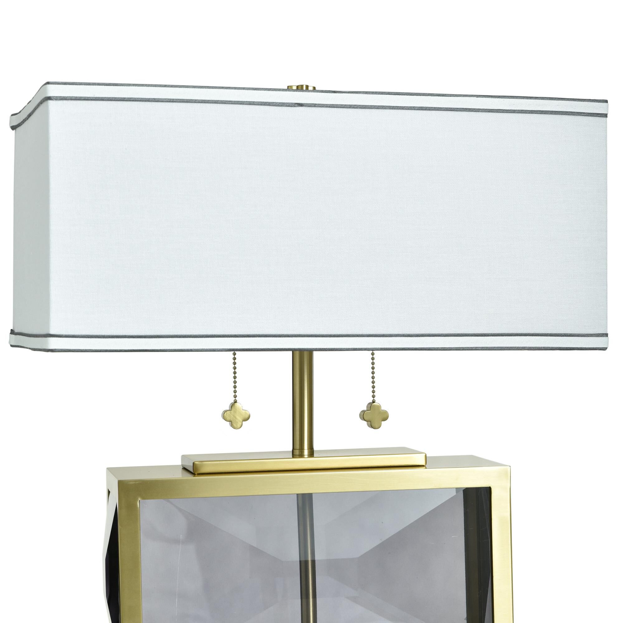 Shown in Polished Brass and Smoke Gray finish and Off-White With Black Double-Lined Trim shade