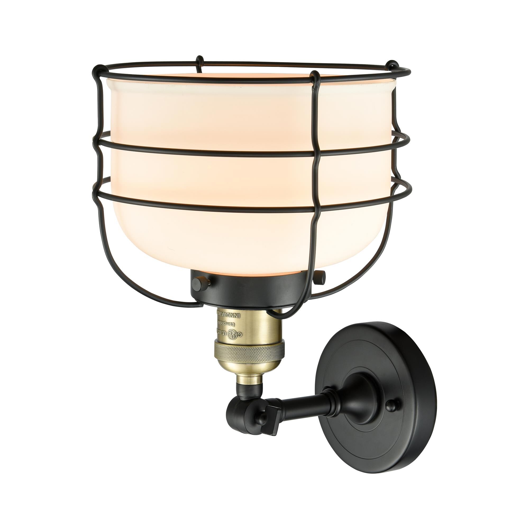 Shown in Black Antique Brass finish and Matte White Cased glass