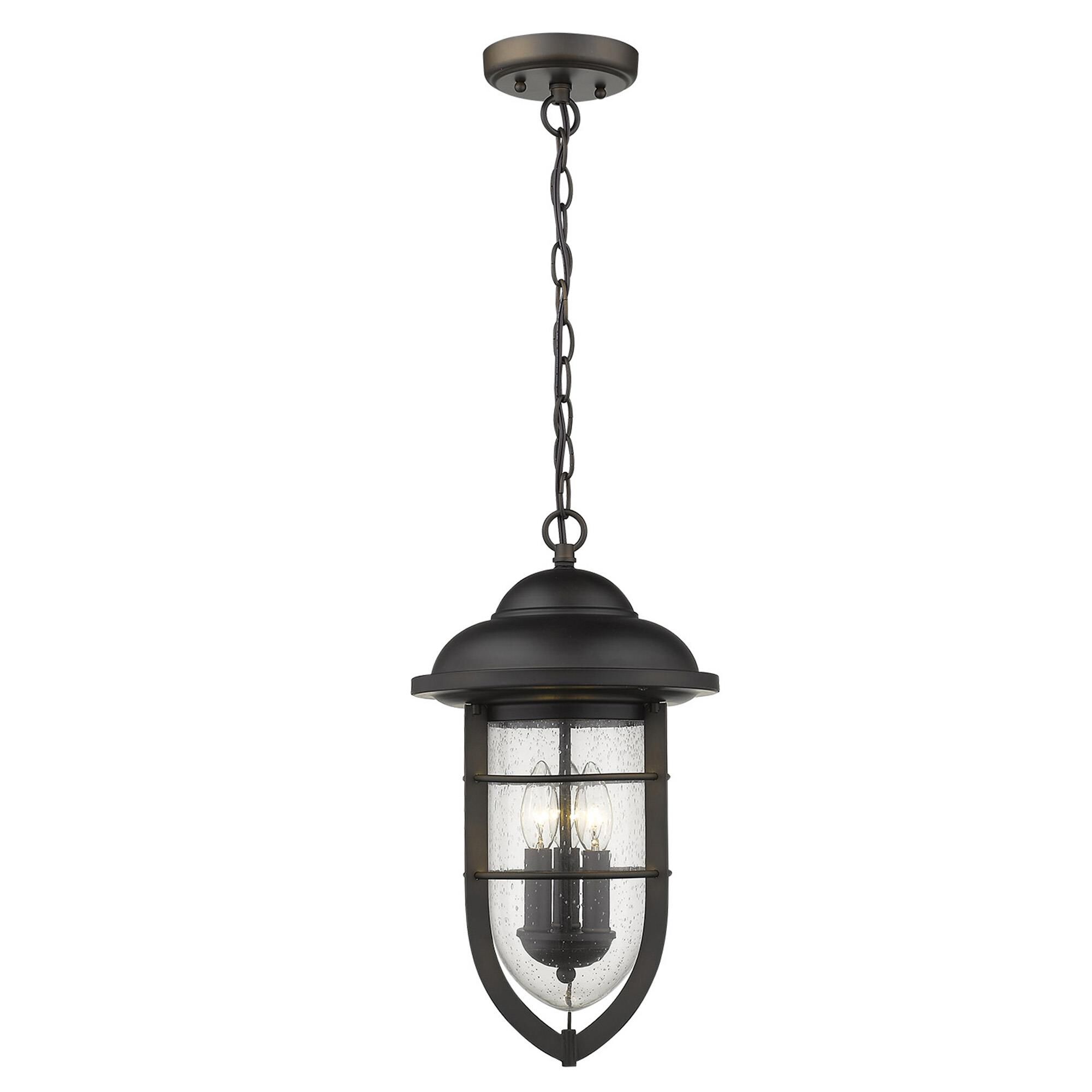 Shown in Oil-Rubbed Bronze finish and Clear glass and Clear, Seedy Glass Urn Shaped Globe shade