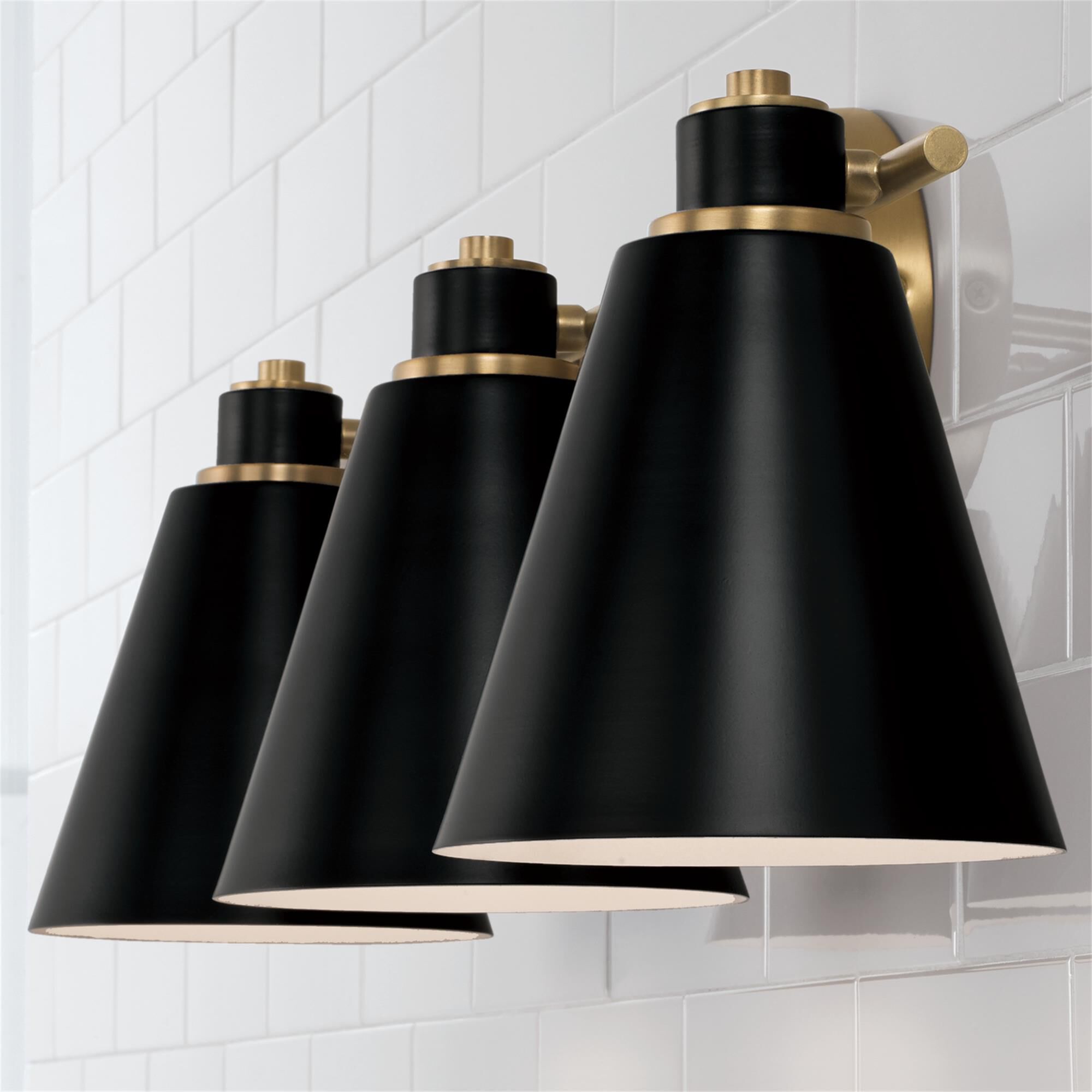 Shown in Aged Brass and Black finish and Black Metal  with White Interior shade