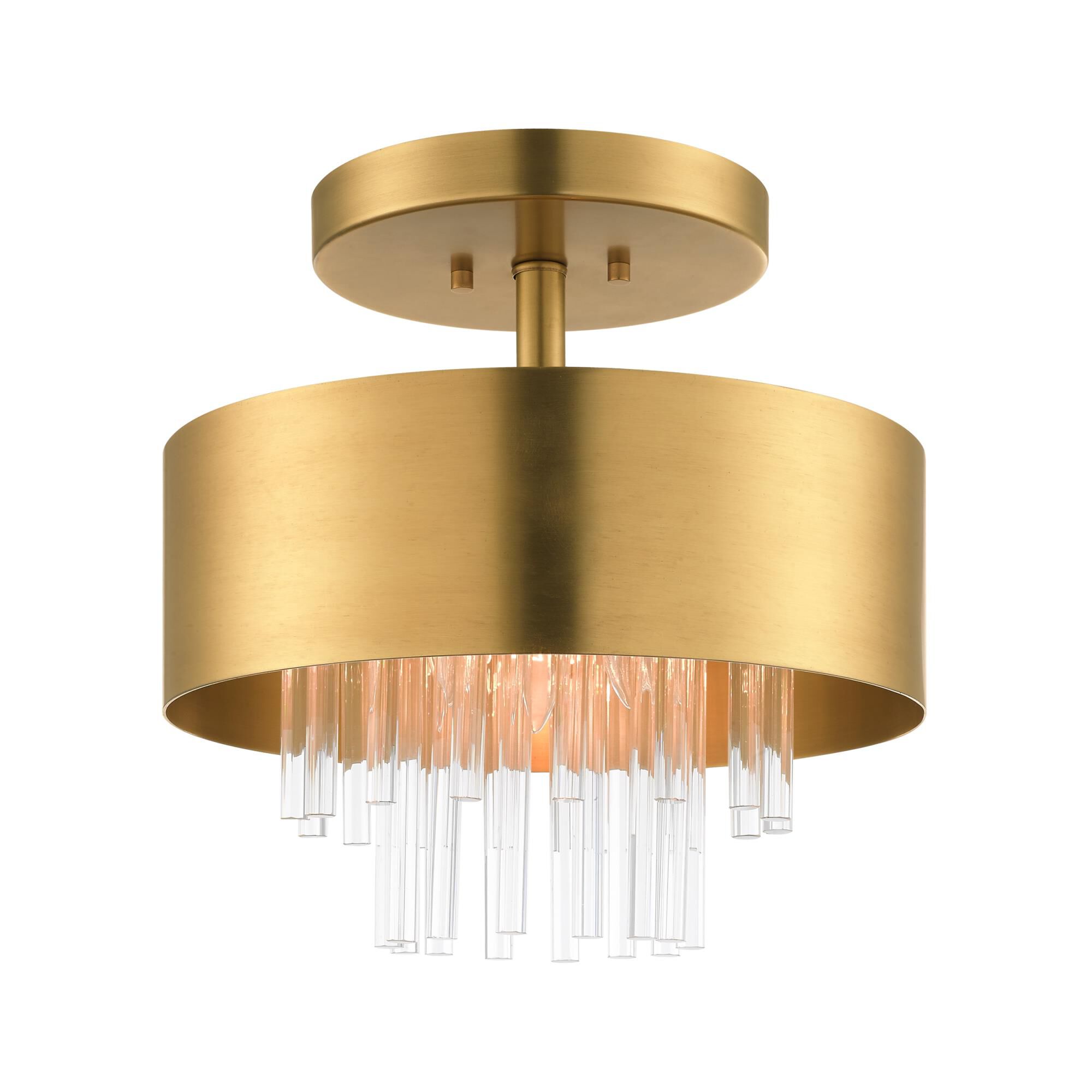 Shown in Natural Brass finish and Natural Brass Drum Shade With Clear Crystal Rods glass and Natural Brass Drum  With Clear Crystal Rods shade