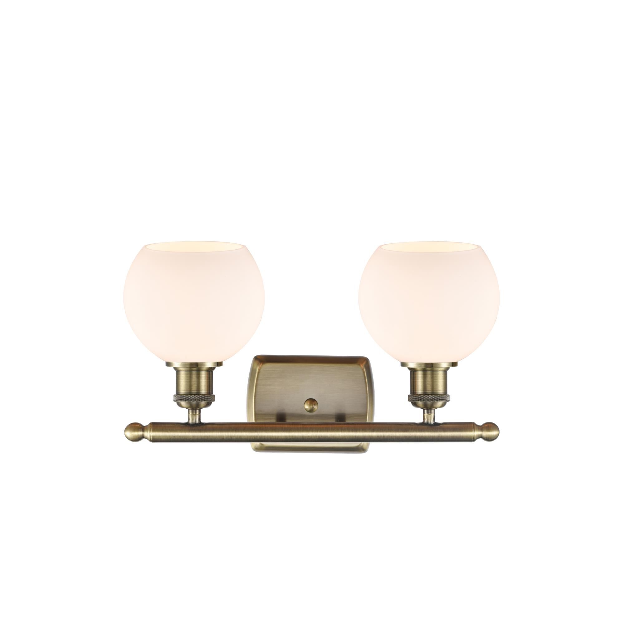 Shown in Antique Brass finish and Cased Matte White Athens glass and No Shade shade