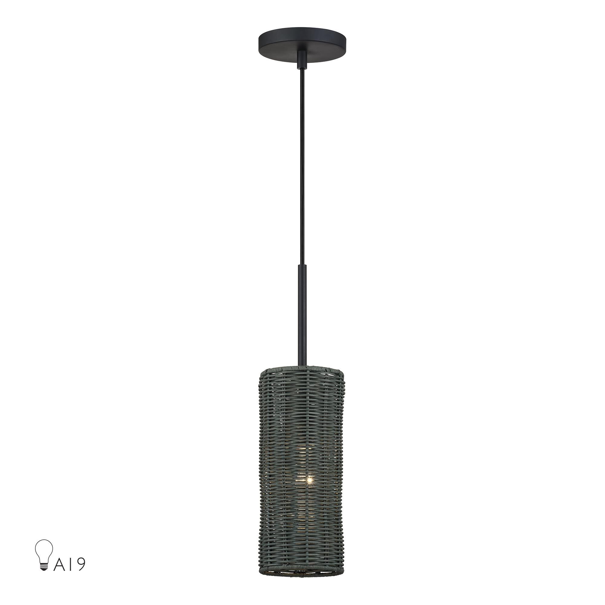 Shown in Black finish and Hand-Woven Charred Gray Color Rattan shade
