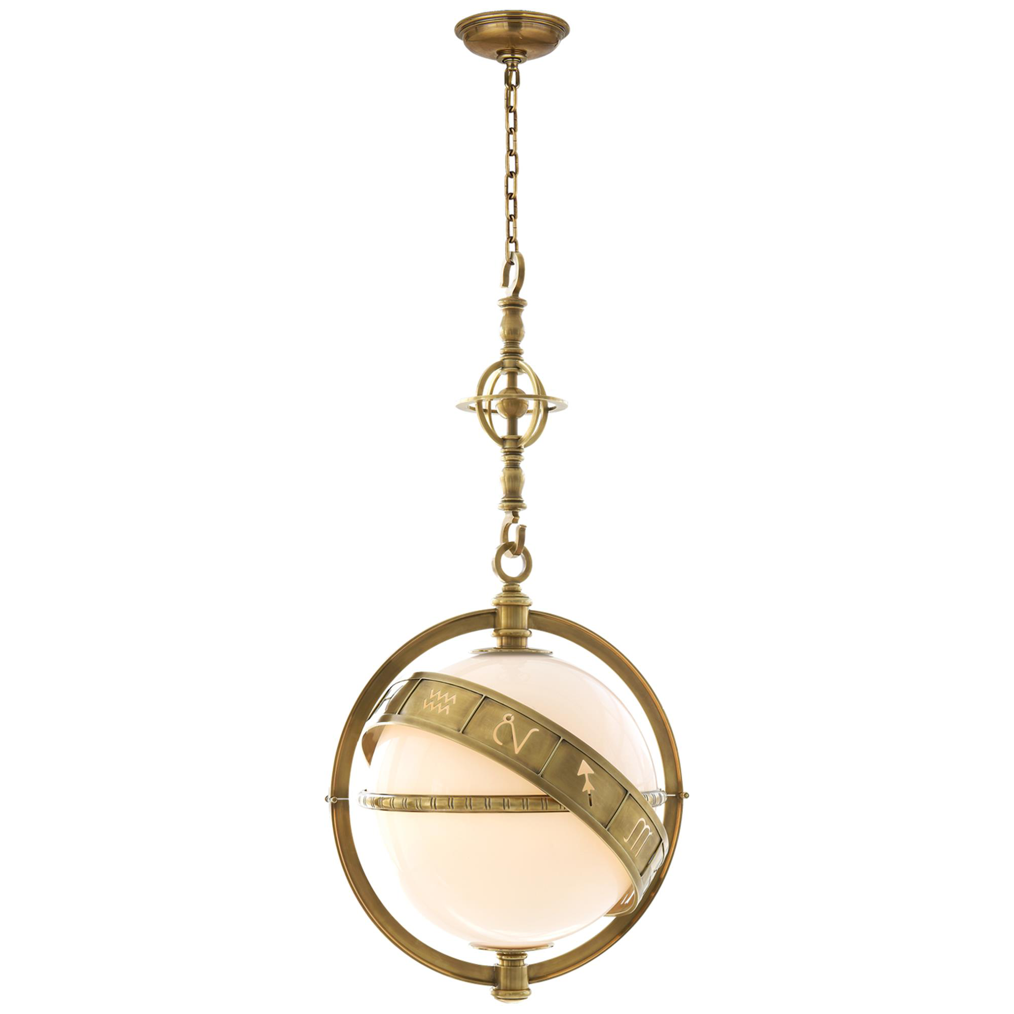 Shown in Antique-Burnished Brass finish and White glass