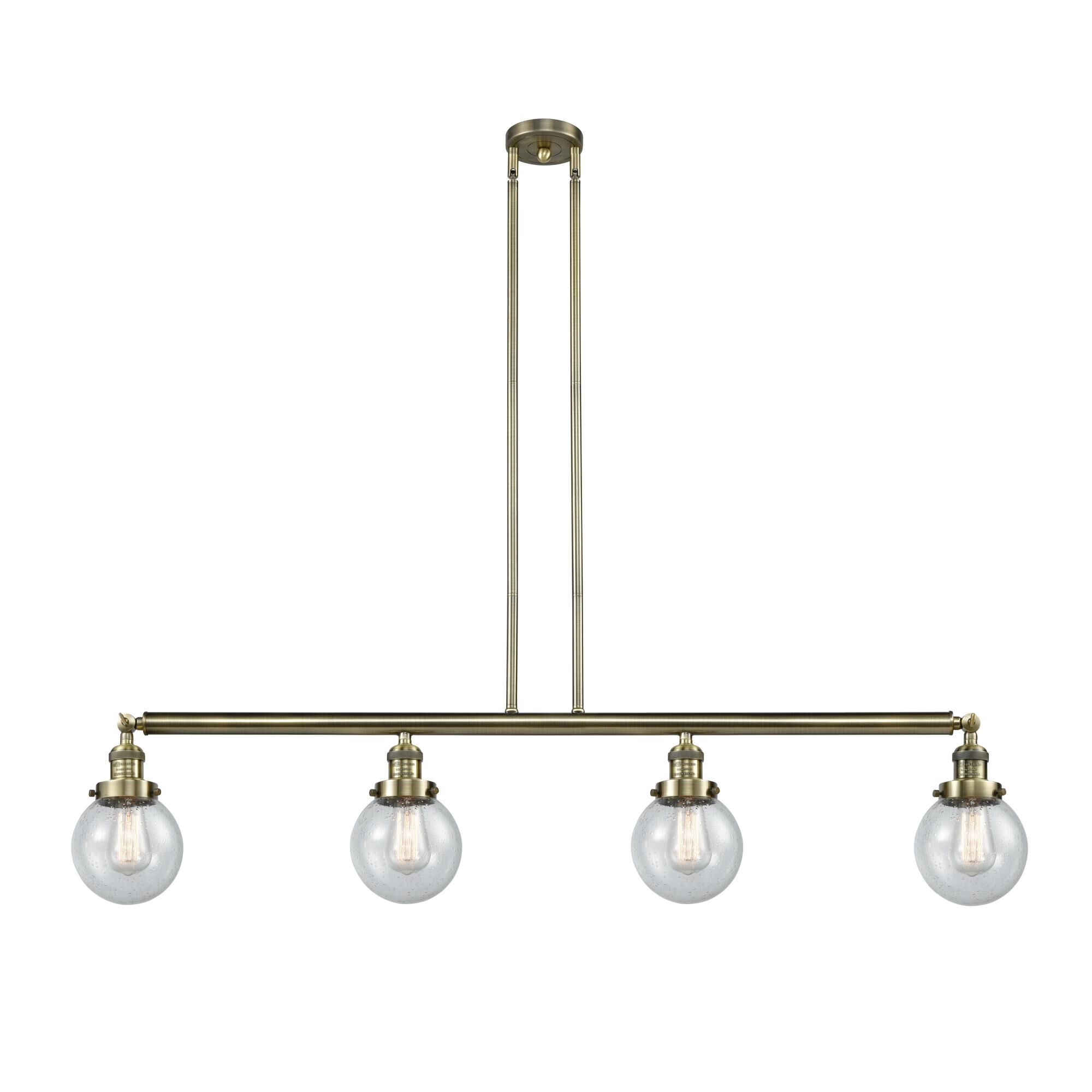 Shown in Antique Brass finish and Seedy Beacon glass and None shade