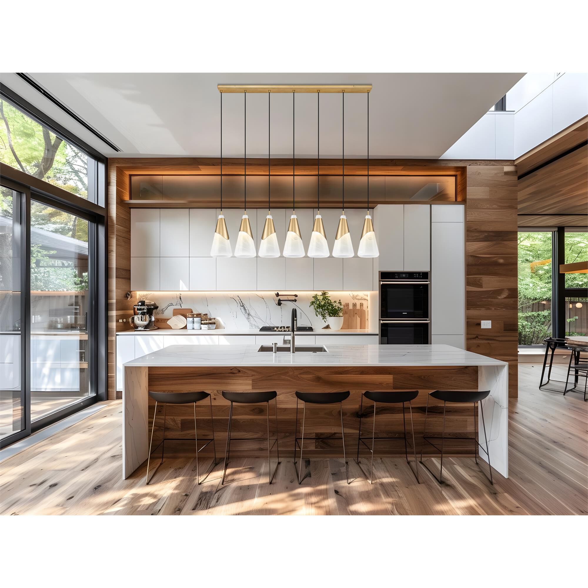 Shown in Modern Gold finish and White Swirl glass and White Swirl shade