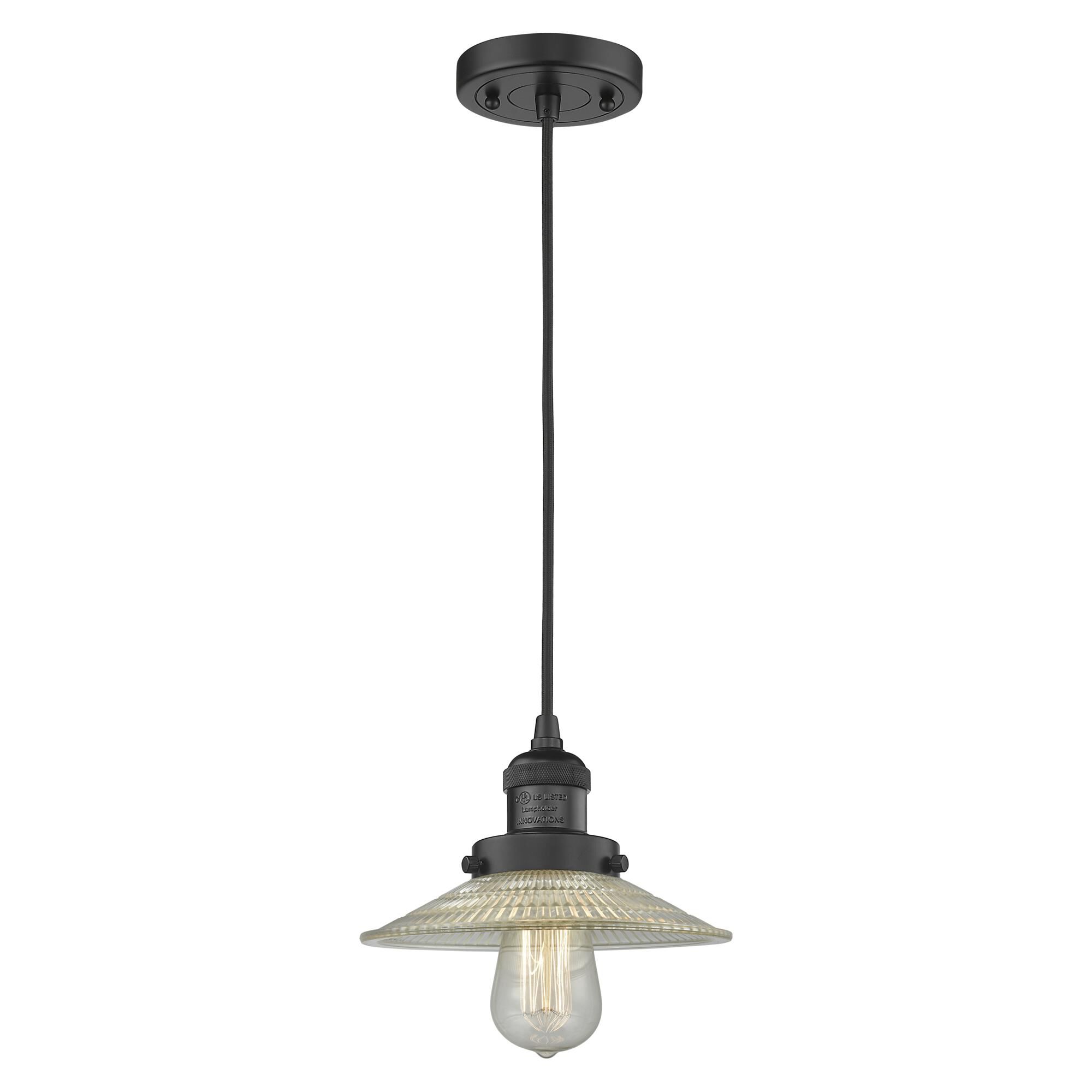 Shown in Matte Black finish and Clear Halophane glass