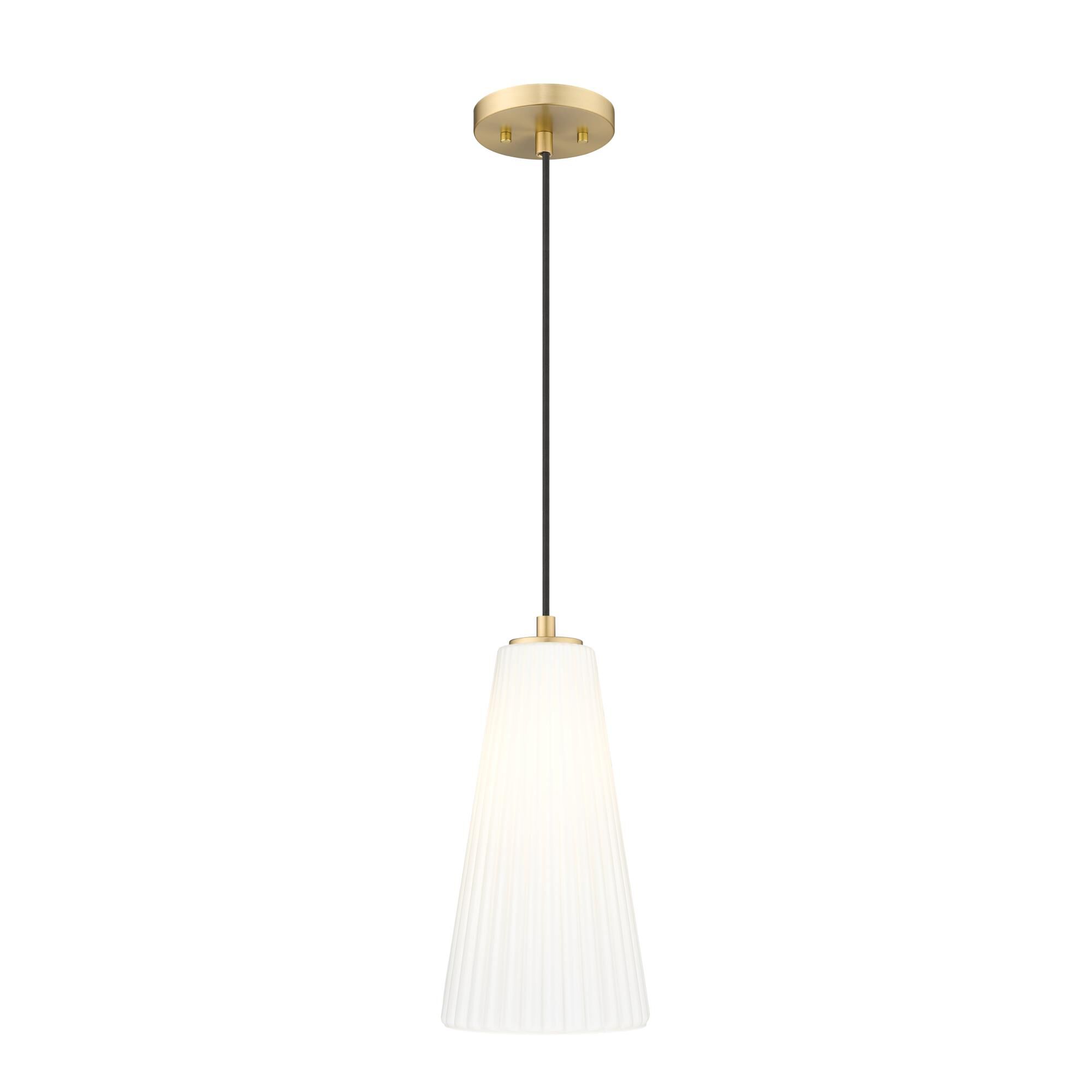 Shown in Modern Gold finish and White glass and White shade