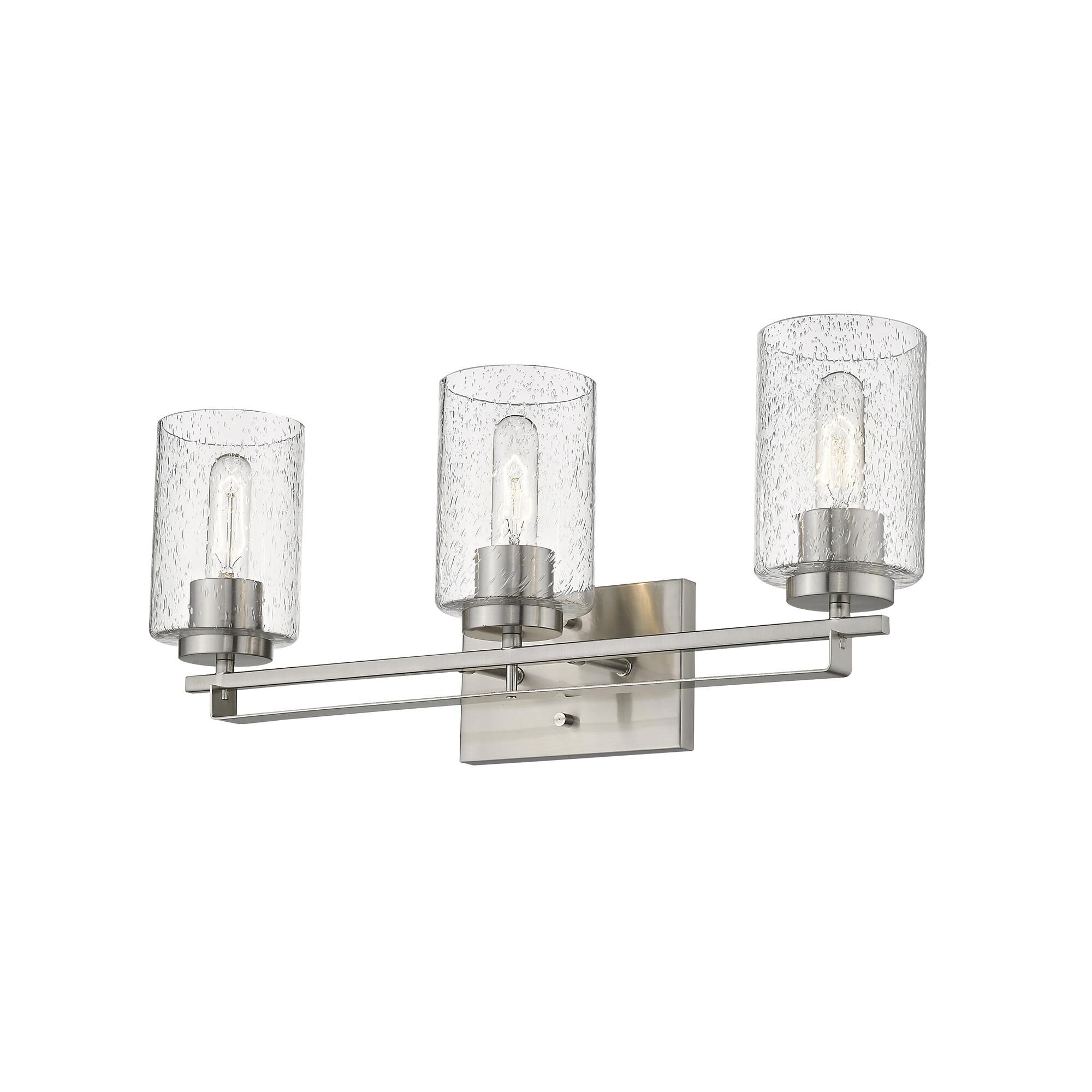 Shown in Satin Nickel finish and Clear glass and Clear, Seeded Cylindrical Glass s shade