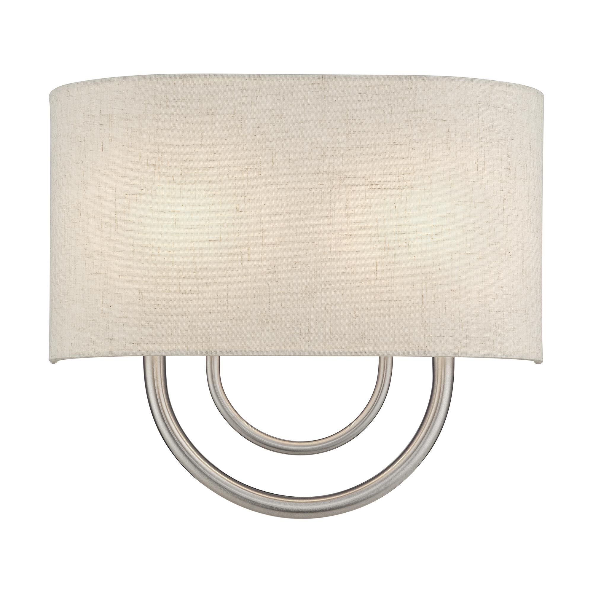 Shown in Brushed Nickel finish and Hand Crafted Oatmeal Color Fabric Hardback with White Fabric Inside shade