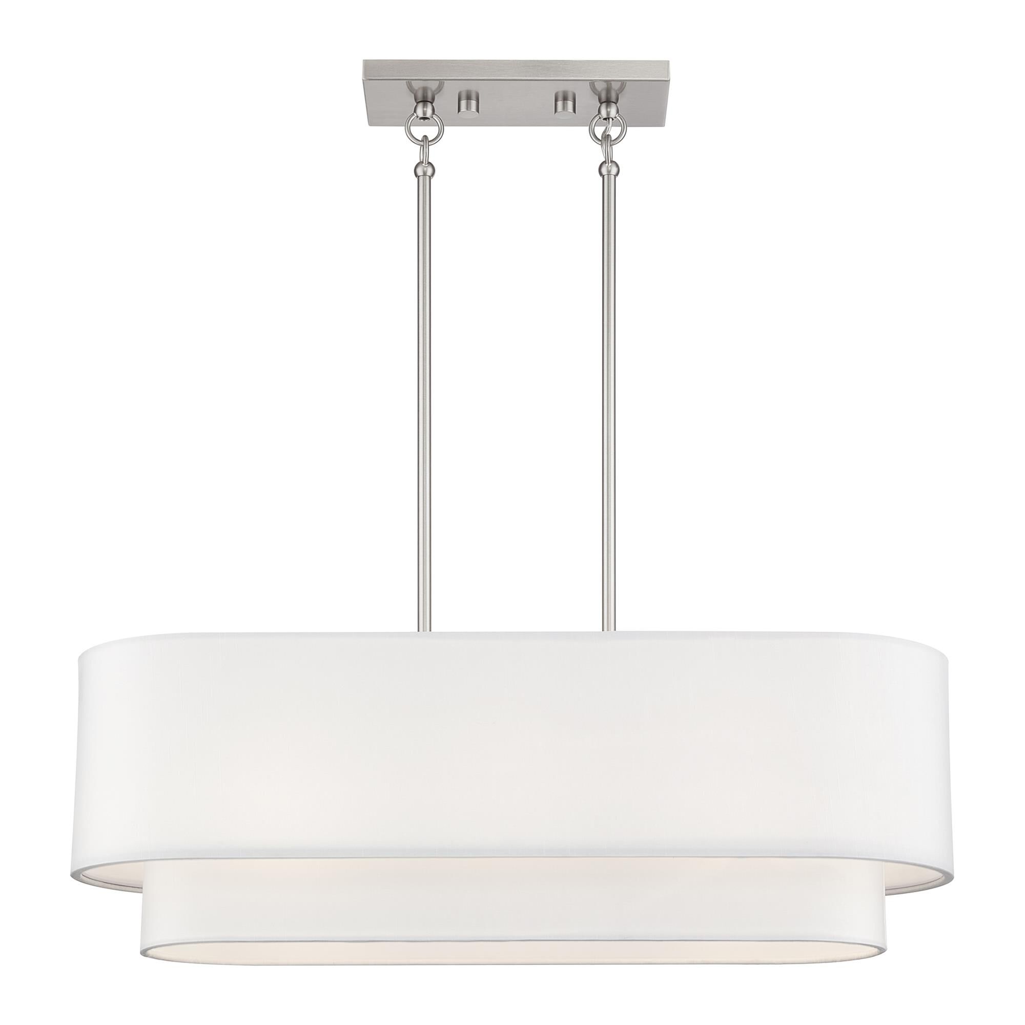 Shown in Brushed Nickel finish and Hand Crafted Off-White Fabric Hardbacks with White Fabric Inside shade