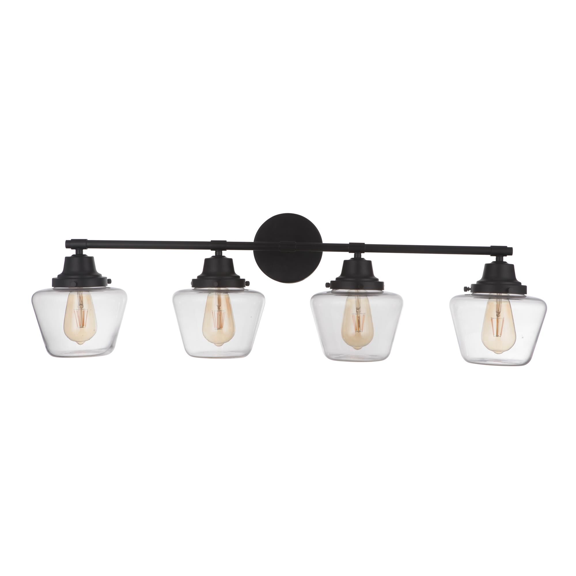 Shown in Flat Black finish and Clear glass and Glass shade