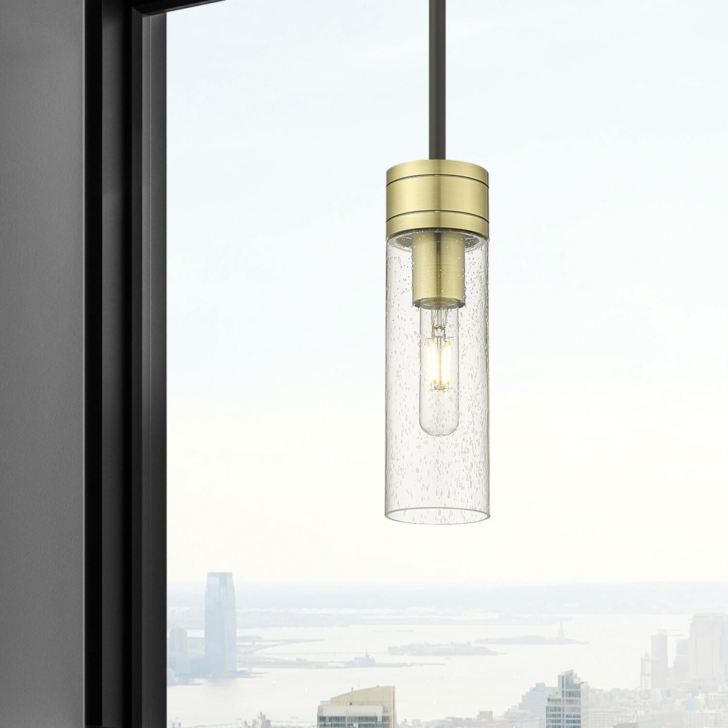 Shown in Black Antique Brass finish and Seedy glass