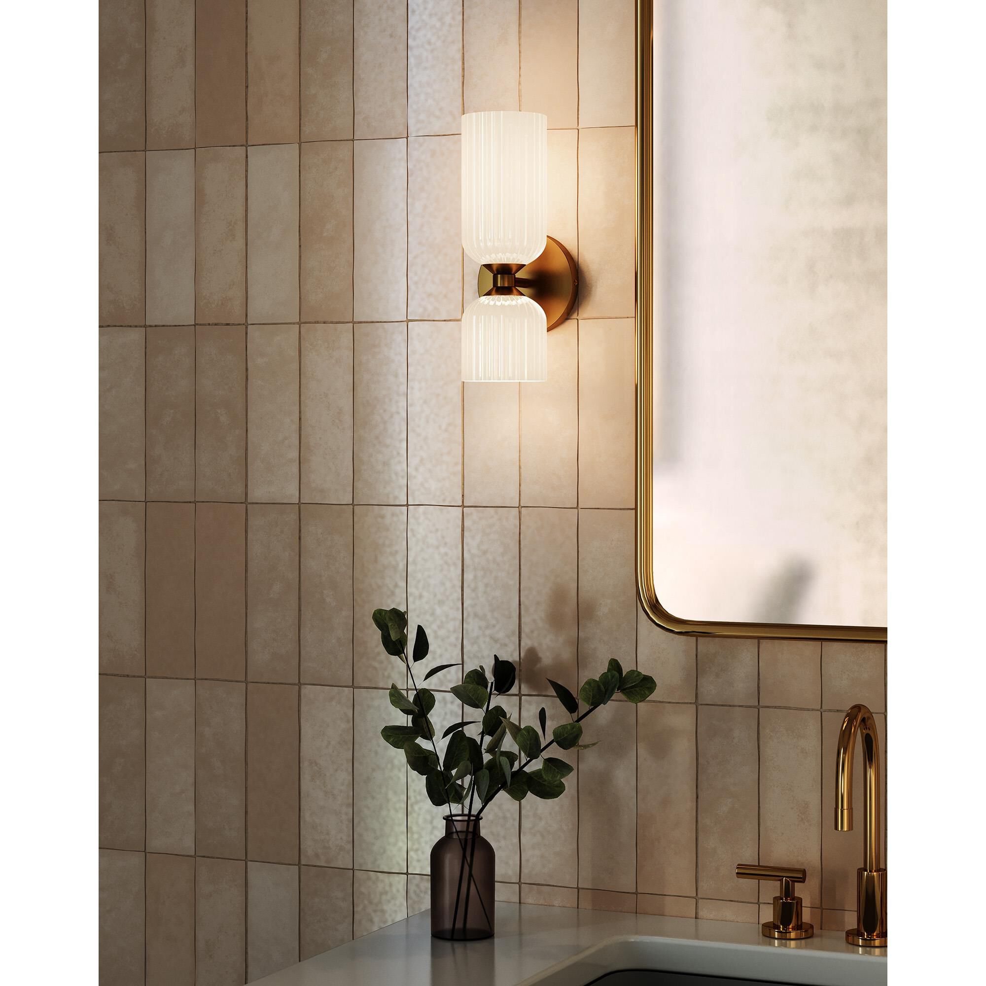 Shown in Brushed Gold finish and Glossy Opal Ribbed glass
