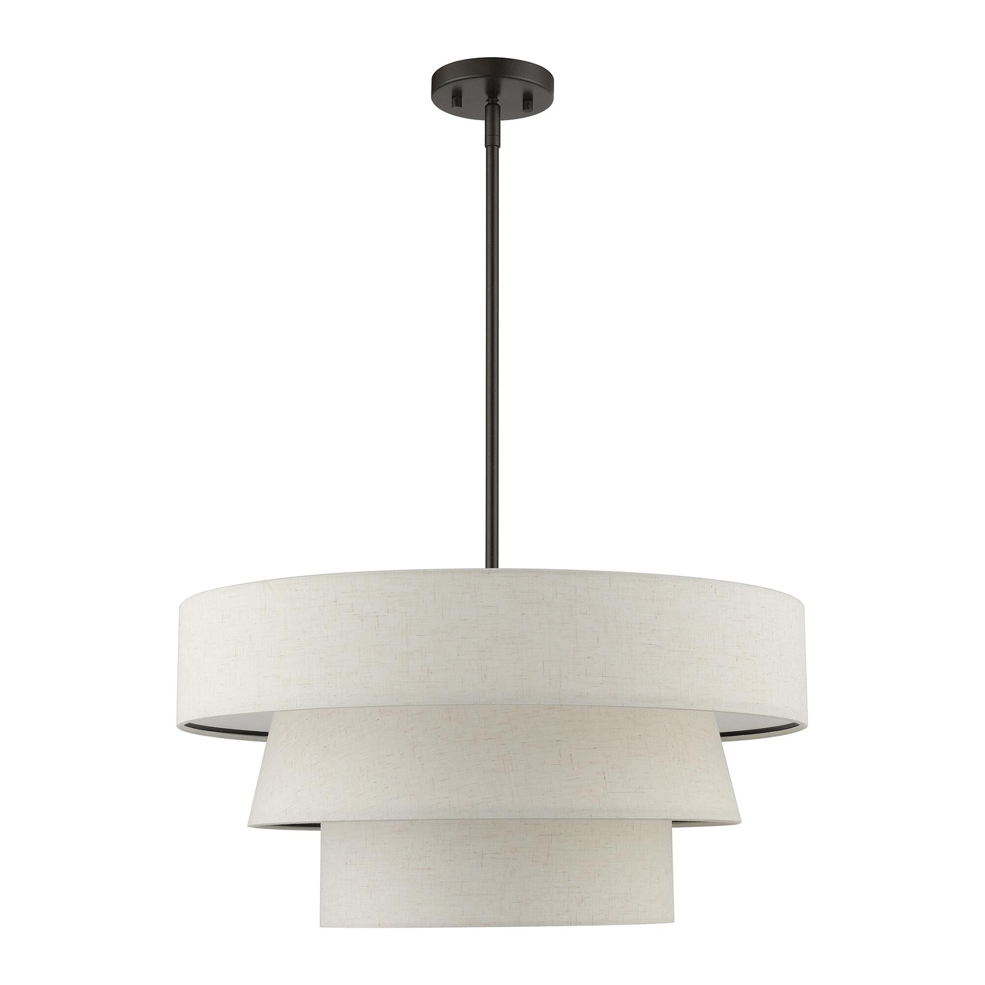 Shown in English Bronze finish and Hand Crafted Oatmeal Color Hardback Fabric with White Fabric Inside shade