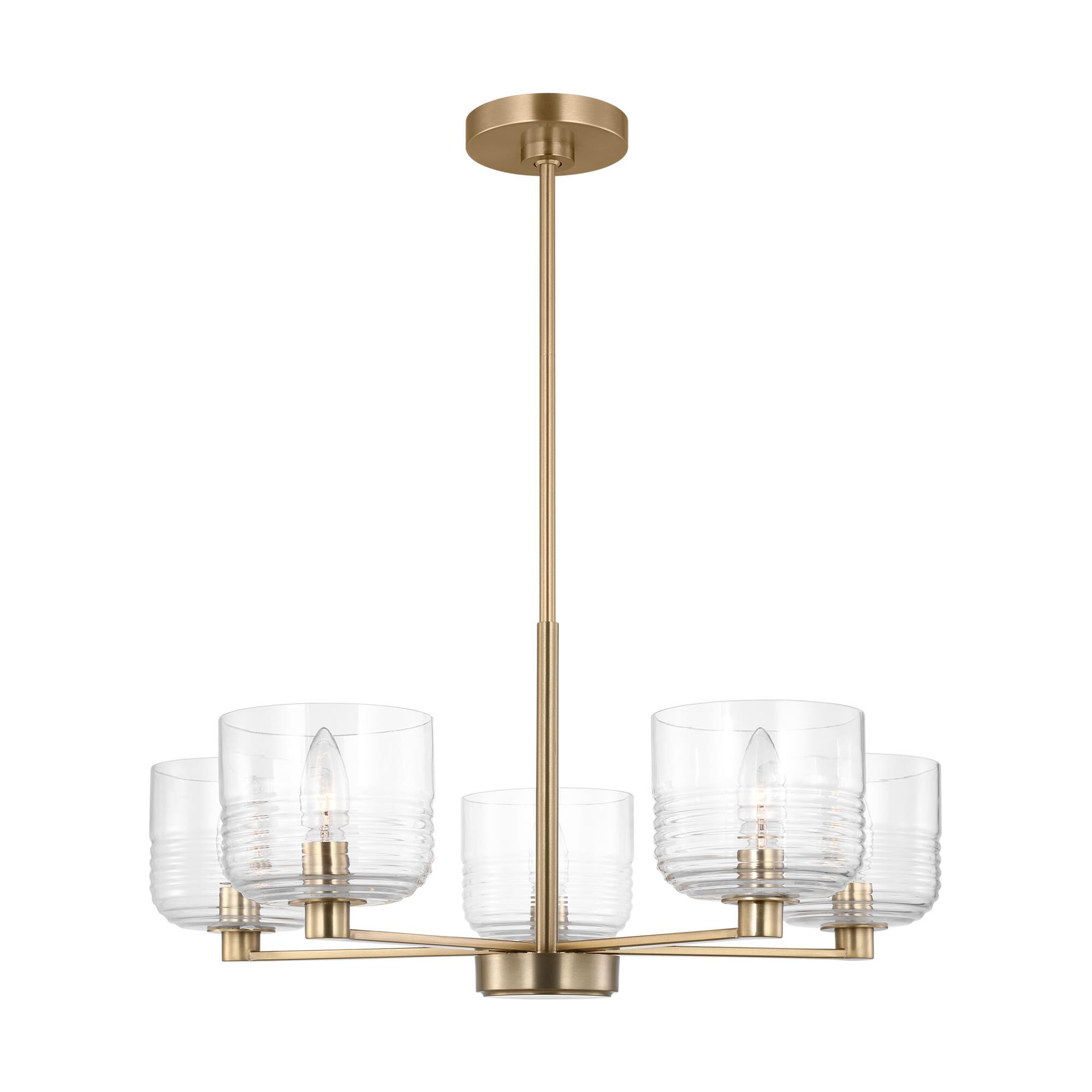 Shown in Satin Brass finish and Clear Ribbed glass