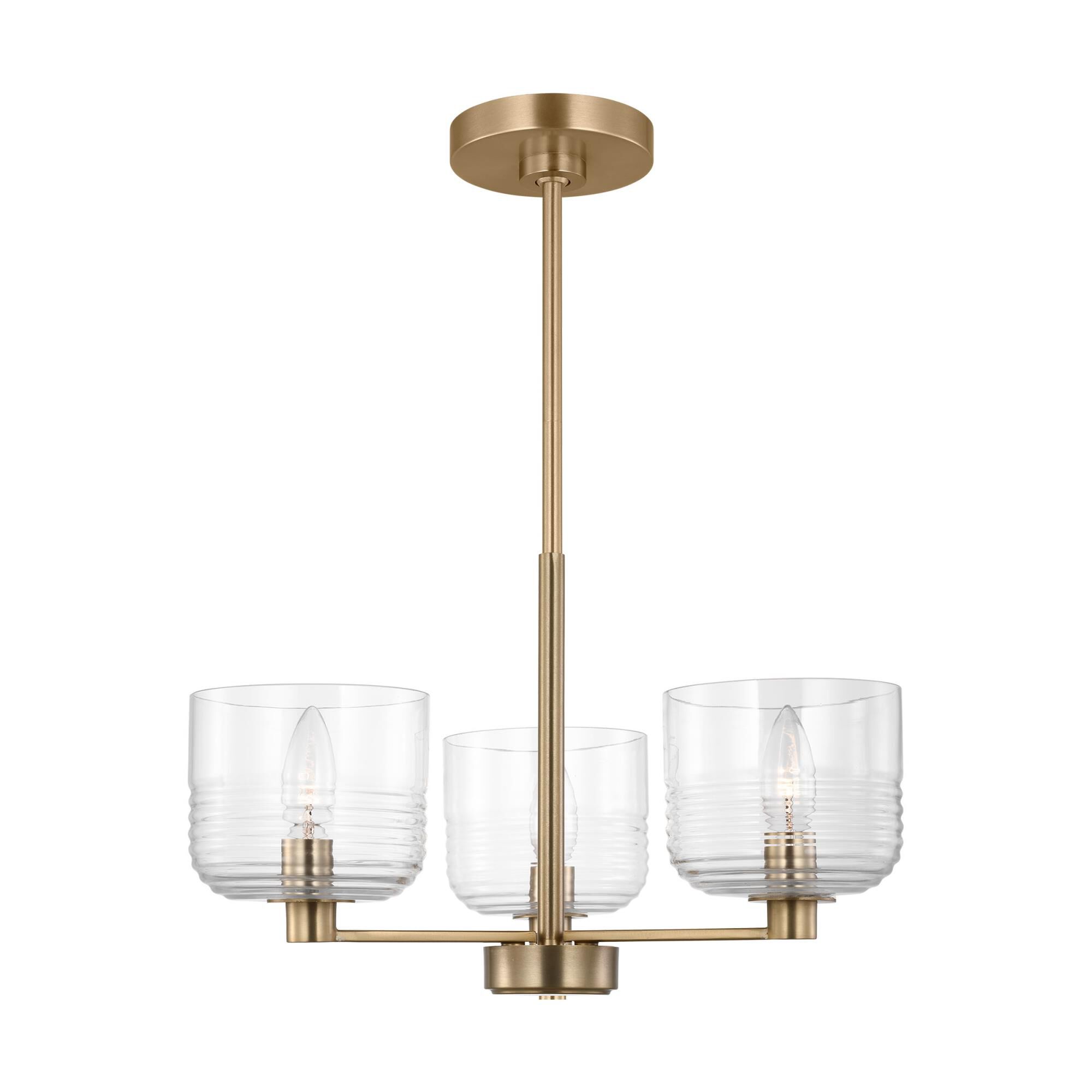 Shown in Satin Brass finish and Clear Ribbed glass