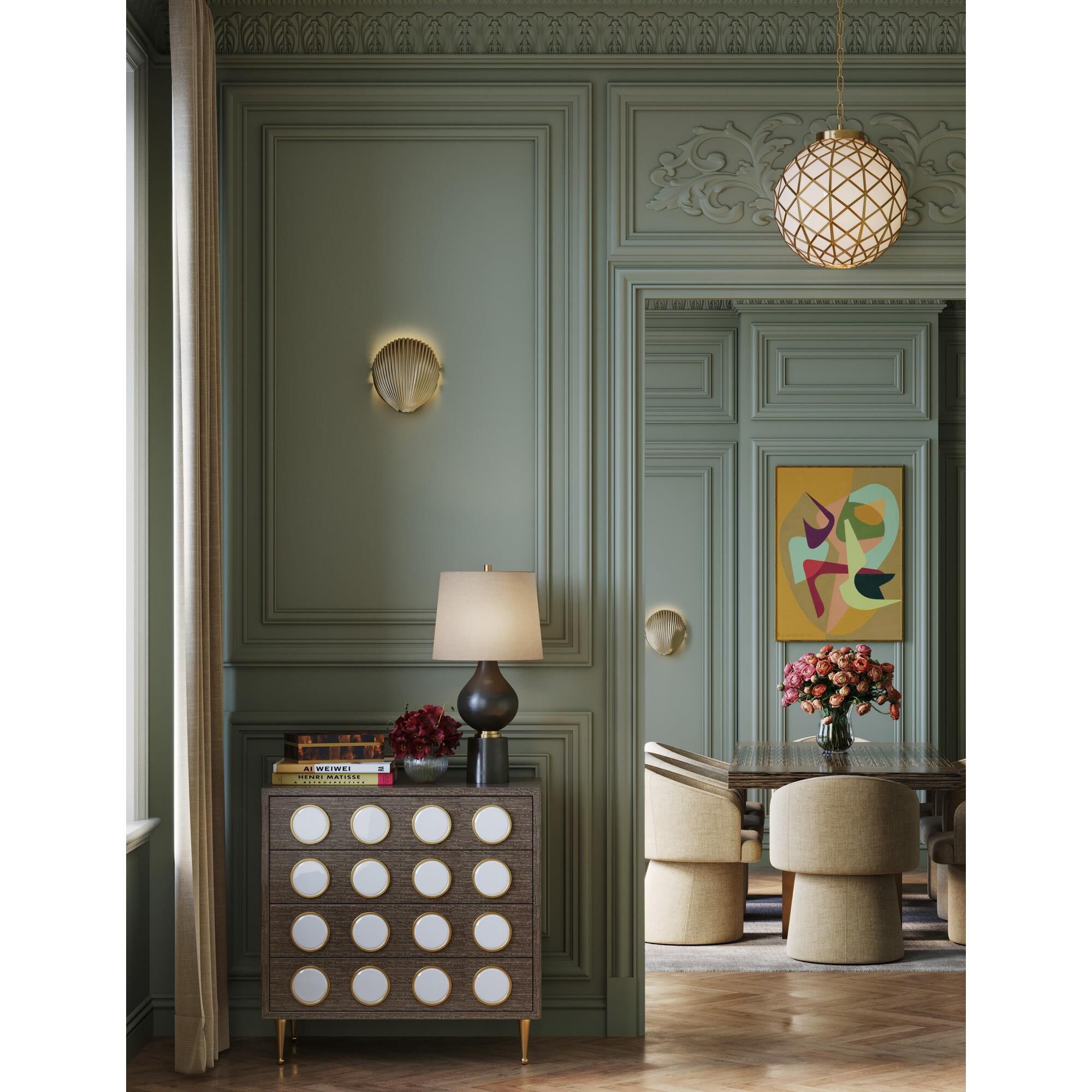 Shown in White, Antique Brass finish