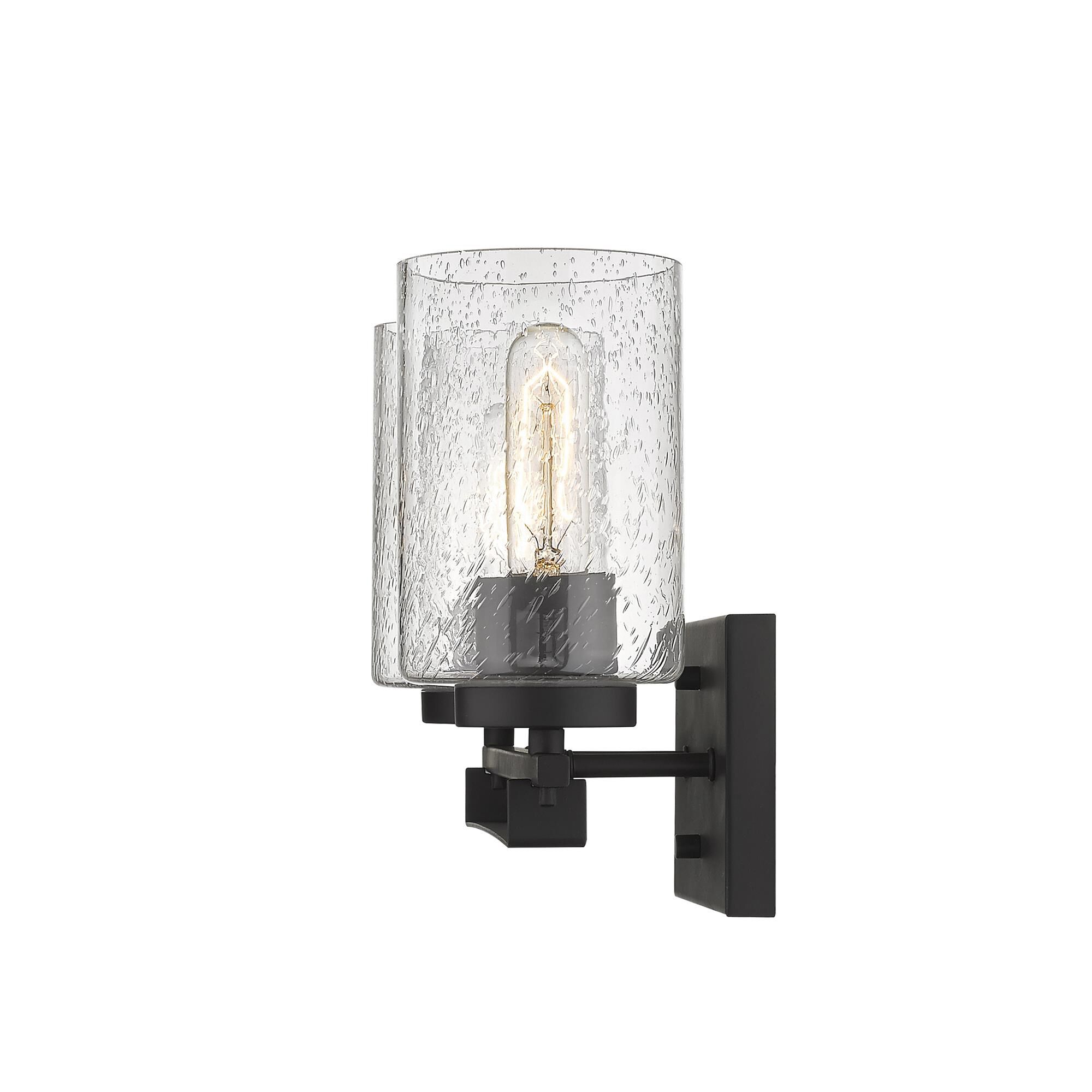 Shown in Oil-Rubbed Bronze finish and Clear glass and Clear, Seeded Cylindrical Glass s shade